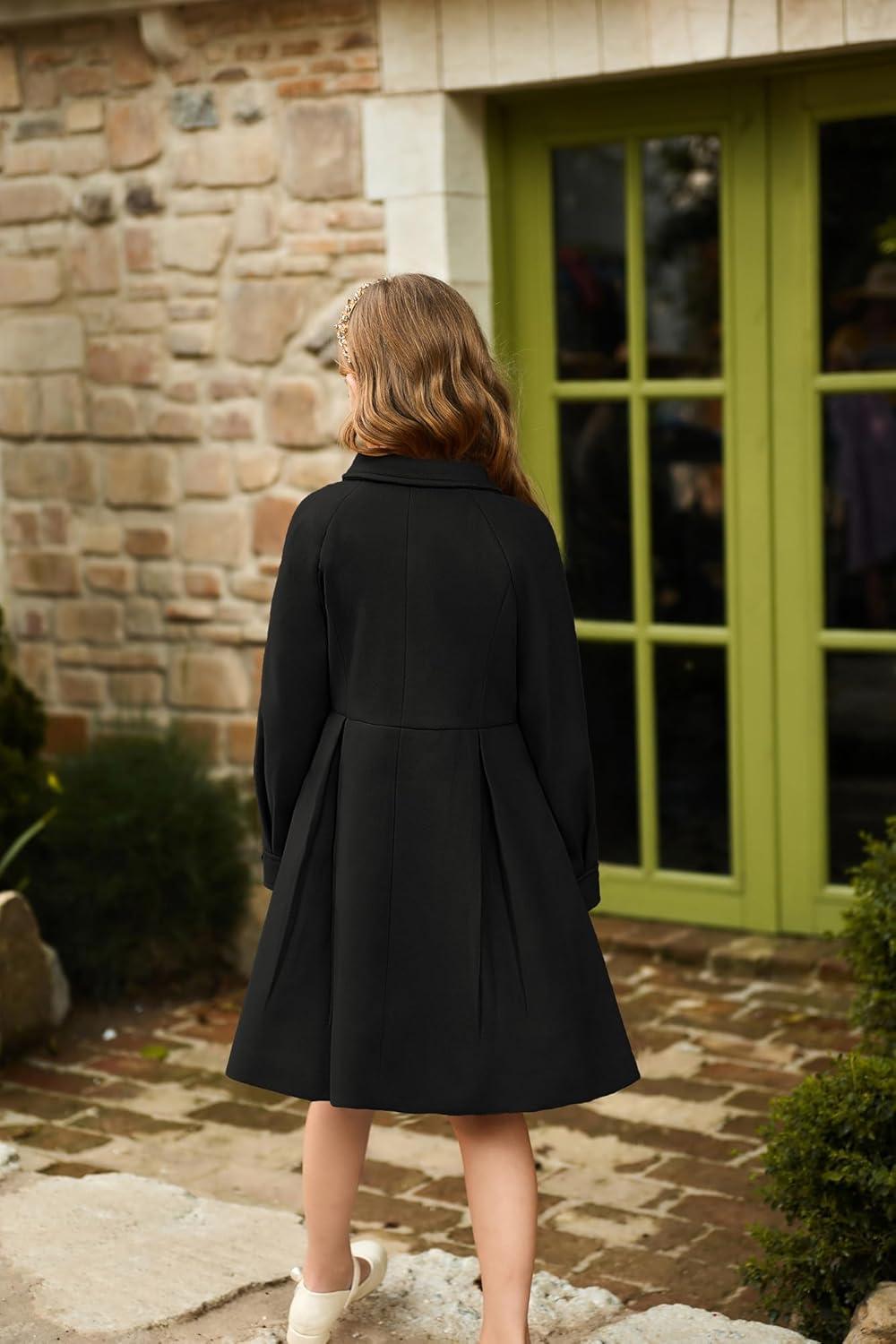 imageGRACE KARIN Girls Dress Coat Kids Wool Lapel Long Button Jackets Fall Winter Outerwear Peacoat with Pockets 512YBlack