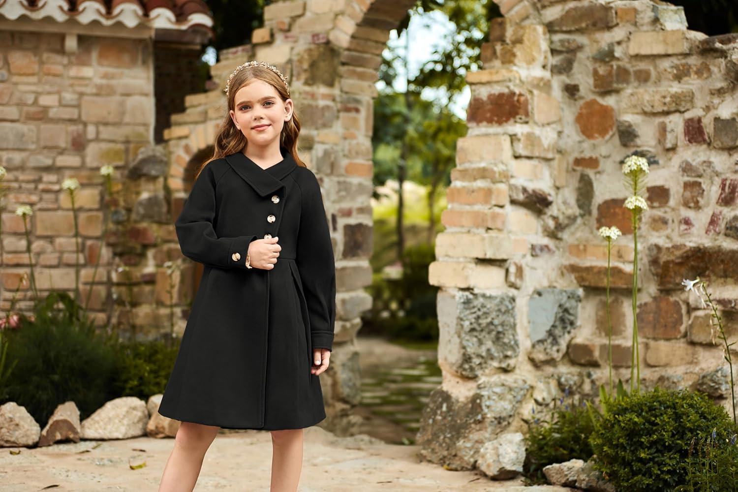 imageGRACE KARIN Girls Dress Coat Kids Wool Lapel Long Button Jackets Fall Winter Outerwear Peacoat with Pockets 512YBlack