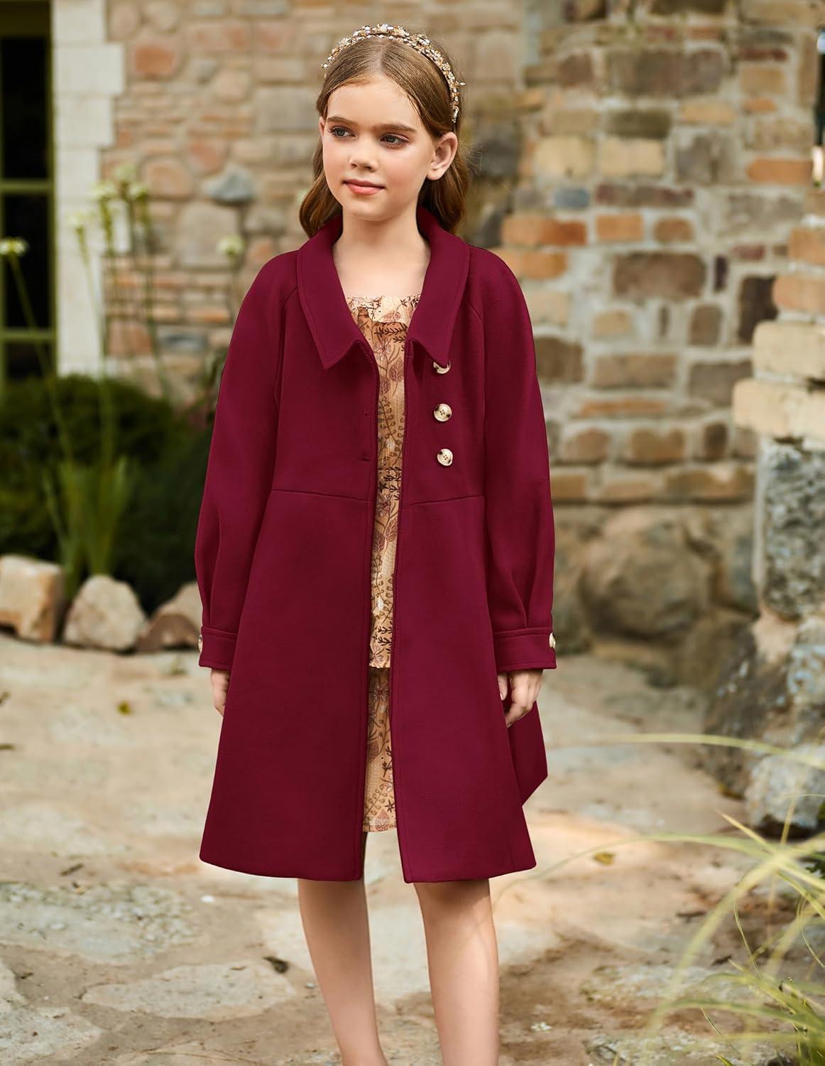 imageGRACE KARIN Girls Dress Coat Kids Wool Lapel Long Button Jackets Fall Winter Outerwear Peacoat with Pockets 512YBurgundy