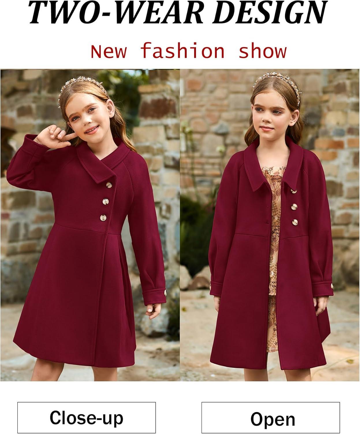 imageGRACE KARIN Girls Dress Coat Kids Wool Lapel Long Button Jackets Fall Winter Outerwear Peacoat with Pockets 512YBurgundy