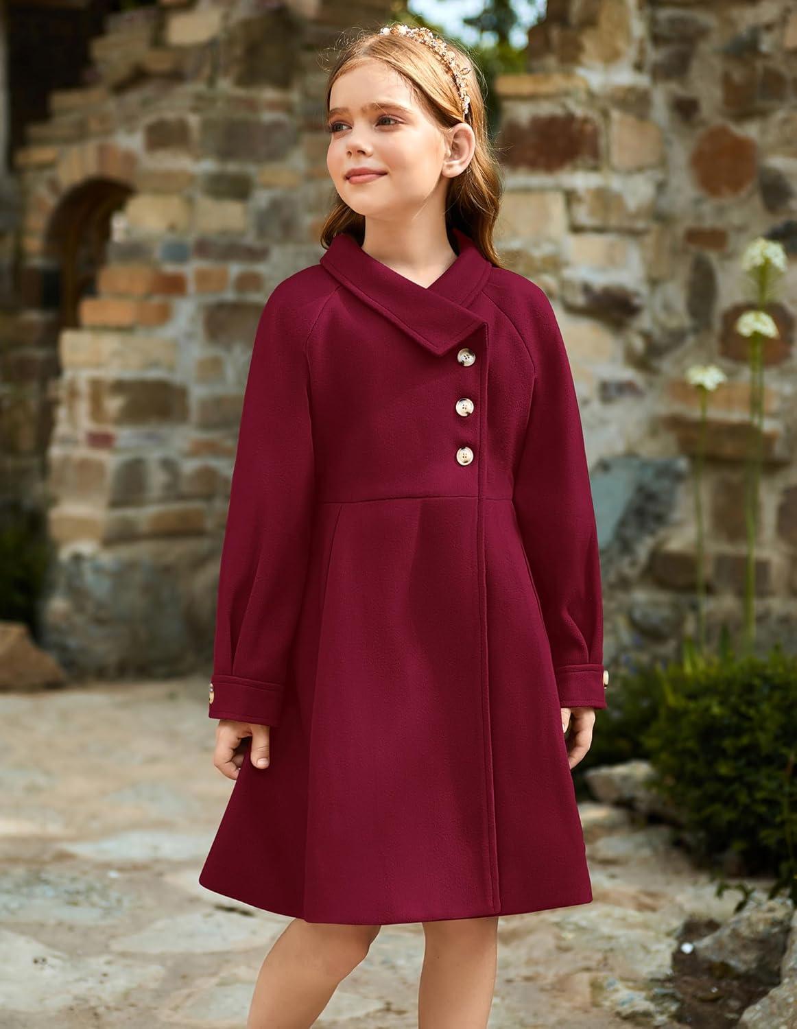 imageGRACE KARIN Girls Dress Coat Kids Wool Lapel Long Button Jackets Fall Winter Outerwear Peacoat with Pockets 512YBurgundy