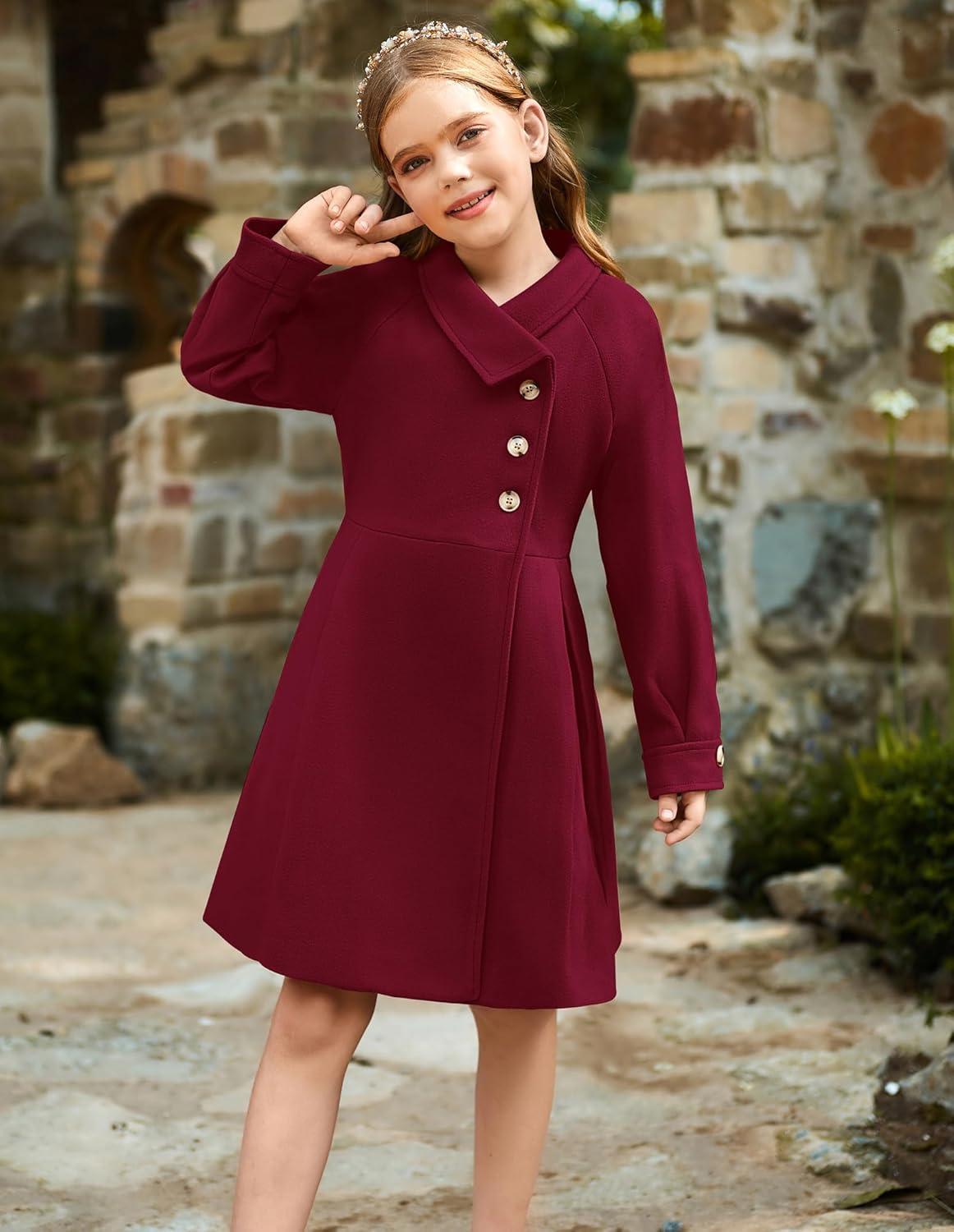 imageGRACE KARIN Girls Dress Coat Kids Wool Lapel Long Button Jackets Fall Winter Outerwear Peacoat with Pockets 512YBurgundy
