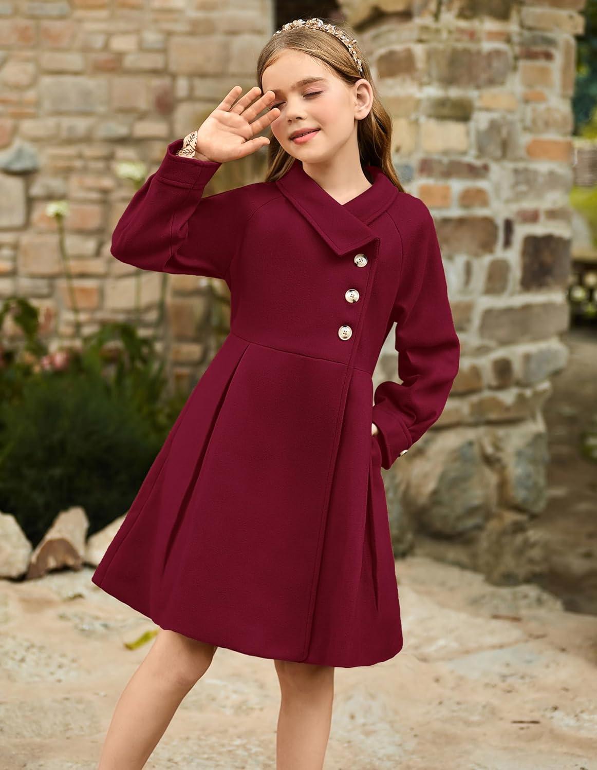 imageGRACE KARIN Girls Dress Coat Kids Wool Lapel Long Button Jackets Fall Winter Outerwear Peacoat with Pockets 512YBurgundy