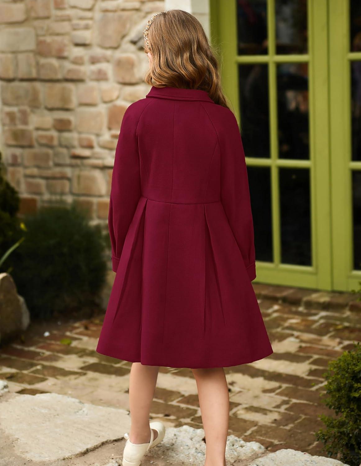 imageGRACE KARIN Girls Dress Coat Kids Wool Lapel Long Button Jackets Fall Winter Outerwear Peacoat with Pockets 512YBurgundy