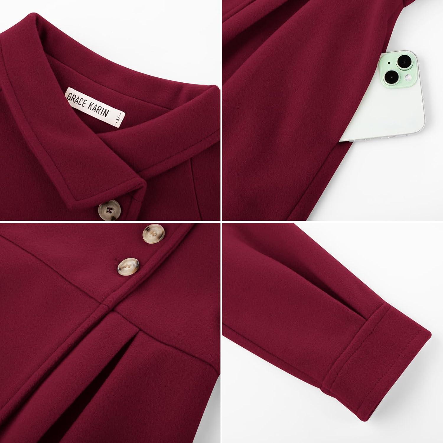 imageGRACE KARIN Girls Dress Coat Kids Wool Lapel Long Button Jackets Fall Winter Outerwear Peacoat with Pockets 512YBurgundy