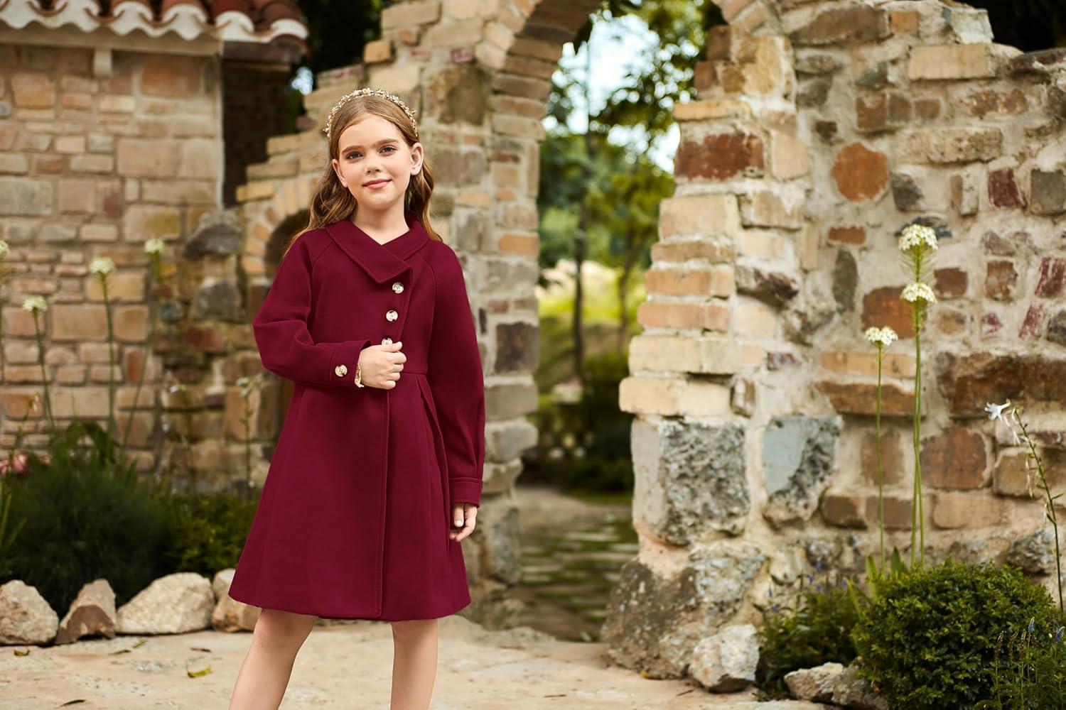 imageGRACE KARIN Girls Dress Coat Kids Wool Lapel Long Button Jackets Fall Winter Outerwear Peacoat with Pockets 512YBurgundy