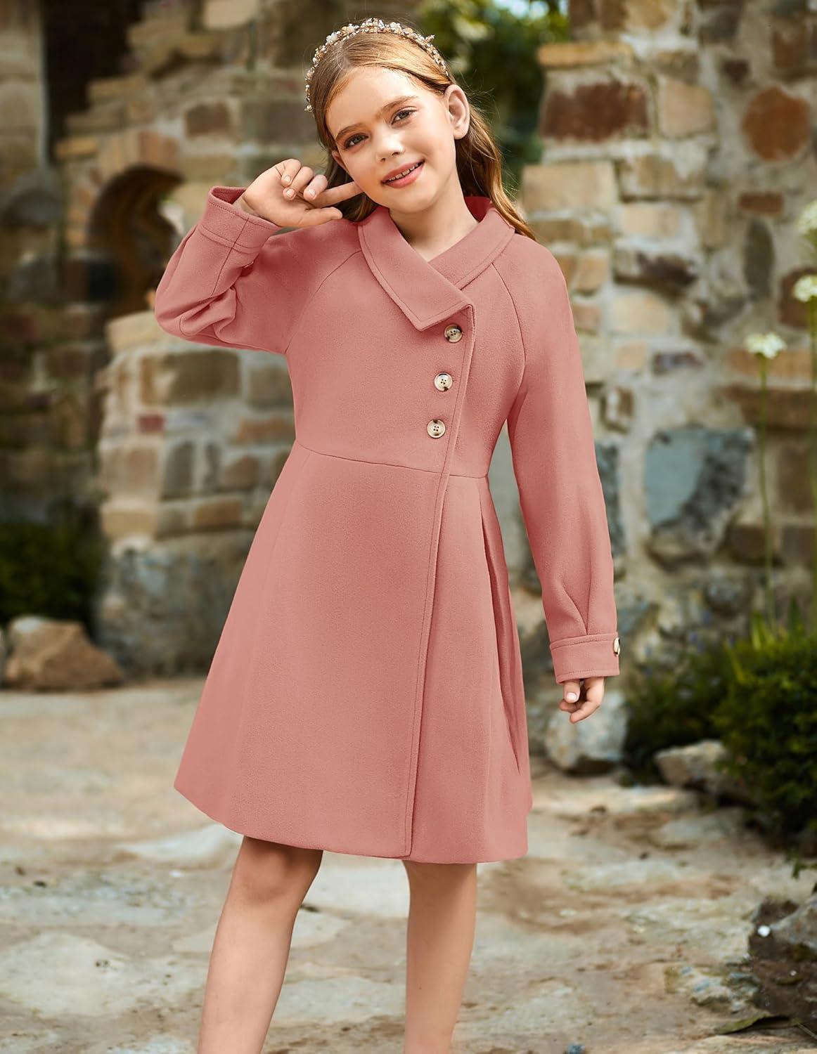 imageGRACE KARIN Girls Dress Coat Kids Wool Lapel Long Button Jackets Fall Winter Outerwear Peacoat with Pockets 512YFleshtoned
