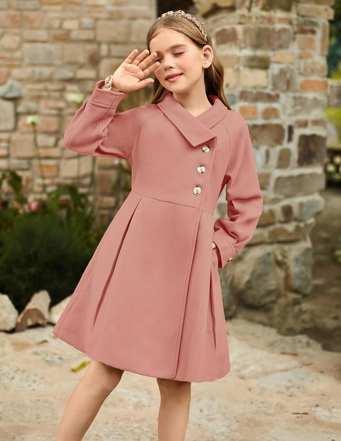 imageGRACE KARIN Girls Dress Coat Kids Wool Lapel Long Button Jackets Fall Winter Outerwear Peacoat with Pockets 512YFleshtoned