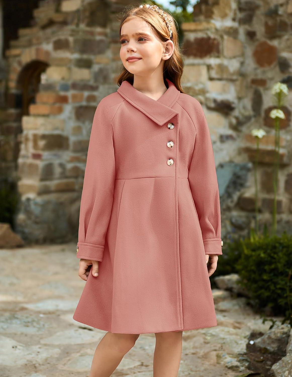 imageGRACE KARIN Girls Dress Coat Kids Wool Lapel Long Button Jackets Fall Winter Outerwear Peacoat with Pockets 512YFleshtoned