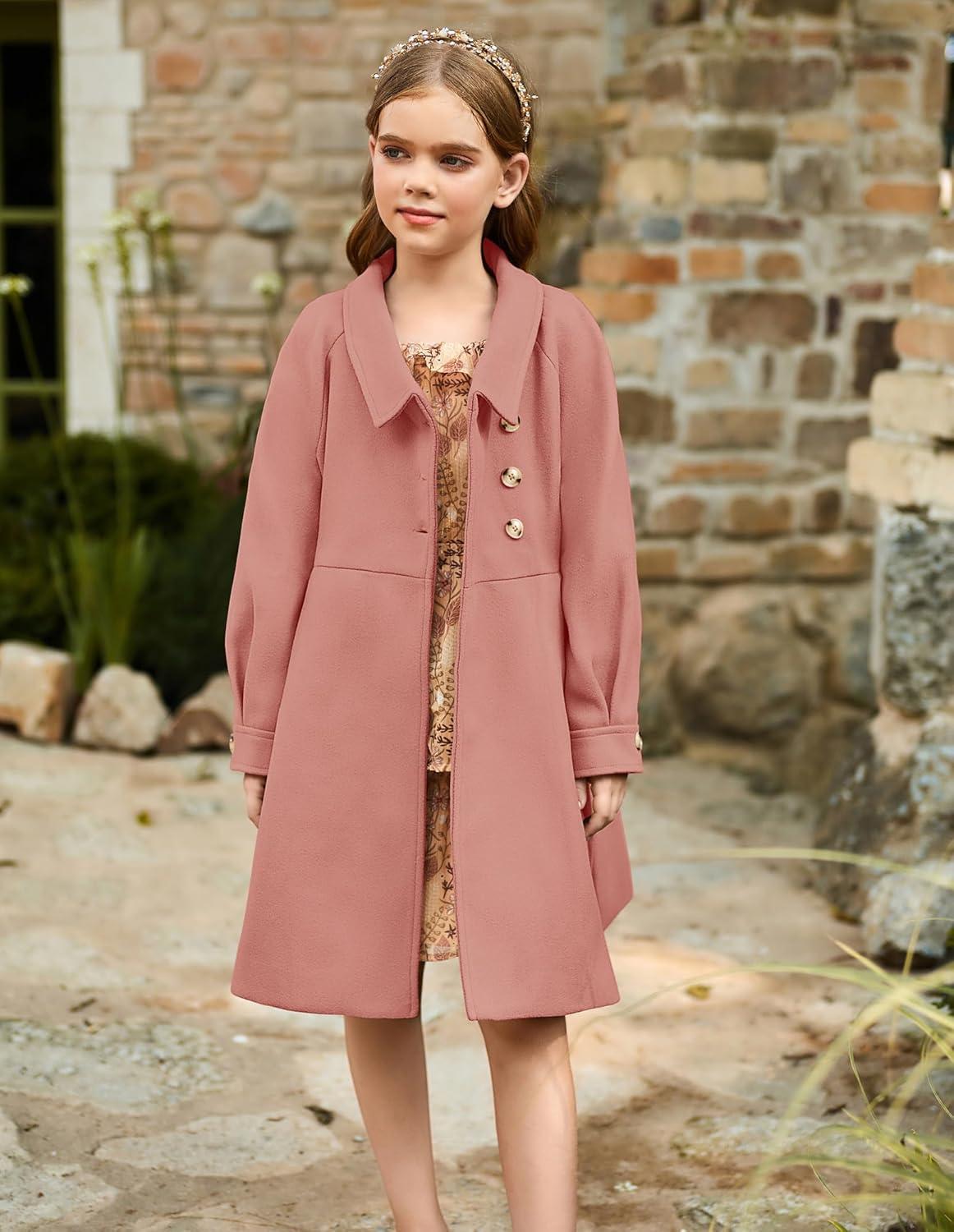 imageGRACE KARIN Girls Dress Coat Kids Wool Lapel Long Button Jackets Fall Winter Outerwear Peacoat with Pockets 512YFleshtoned