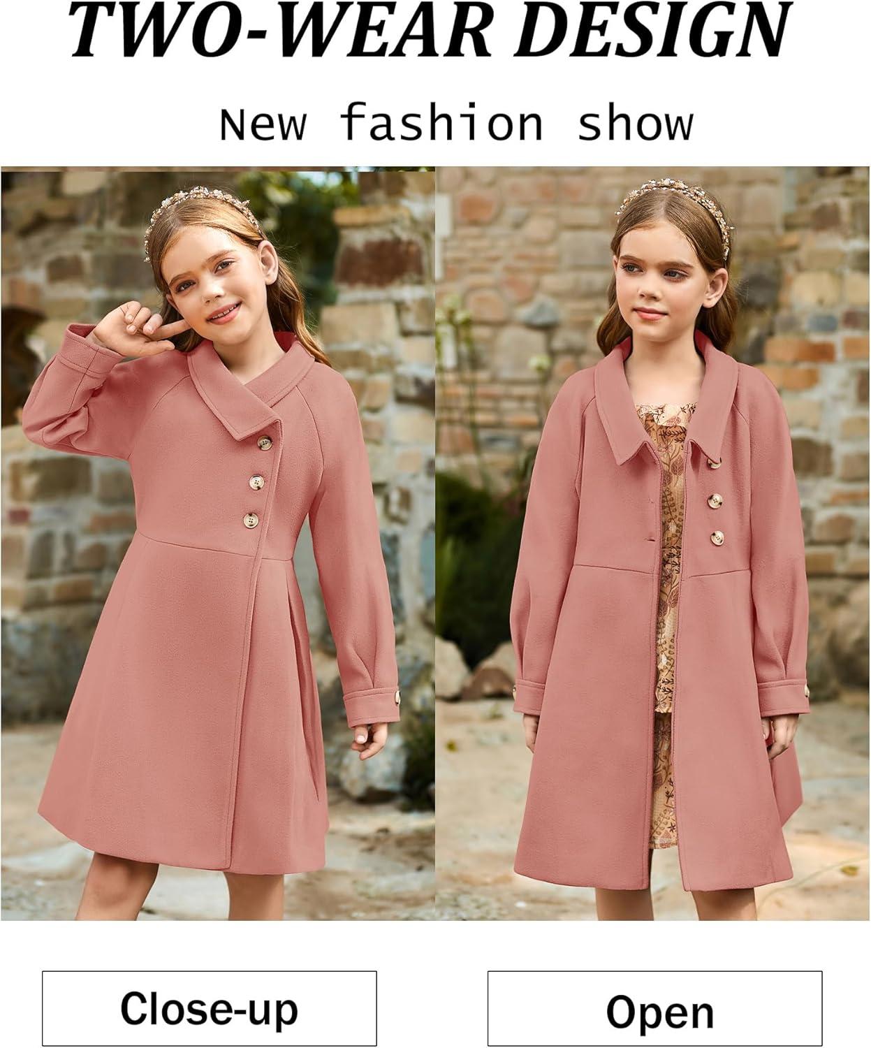 imageGRACE KARIN Girls Dress Coat Kids Wool Lapel Long Button Jackets Fall Winter Outerwear Peacoat with Pockets 512YFleshtoned