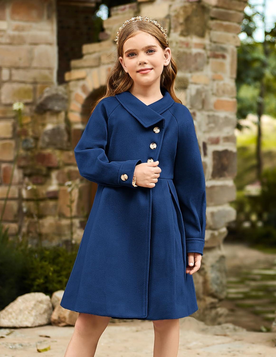 imageGRACE KARIN Girls Dress Coat Kids Wool Lapel Long Button Jackets Fall Winter Outerwear Peacoat with Pockets 512YNavy Blue