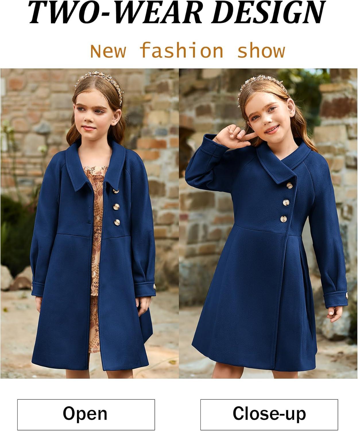 imageGRACE KARIN Girls Dress Coat Kids Wool Lapel Long Button Jackets Fall Winter Outerwear Peacoat with Pockets 512YNavy Blue