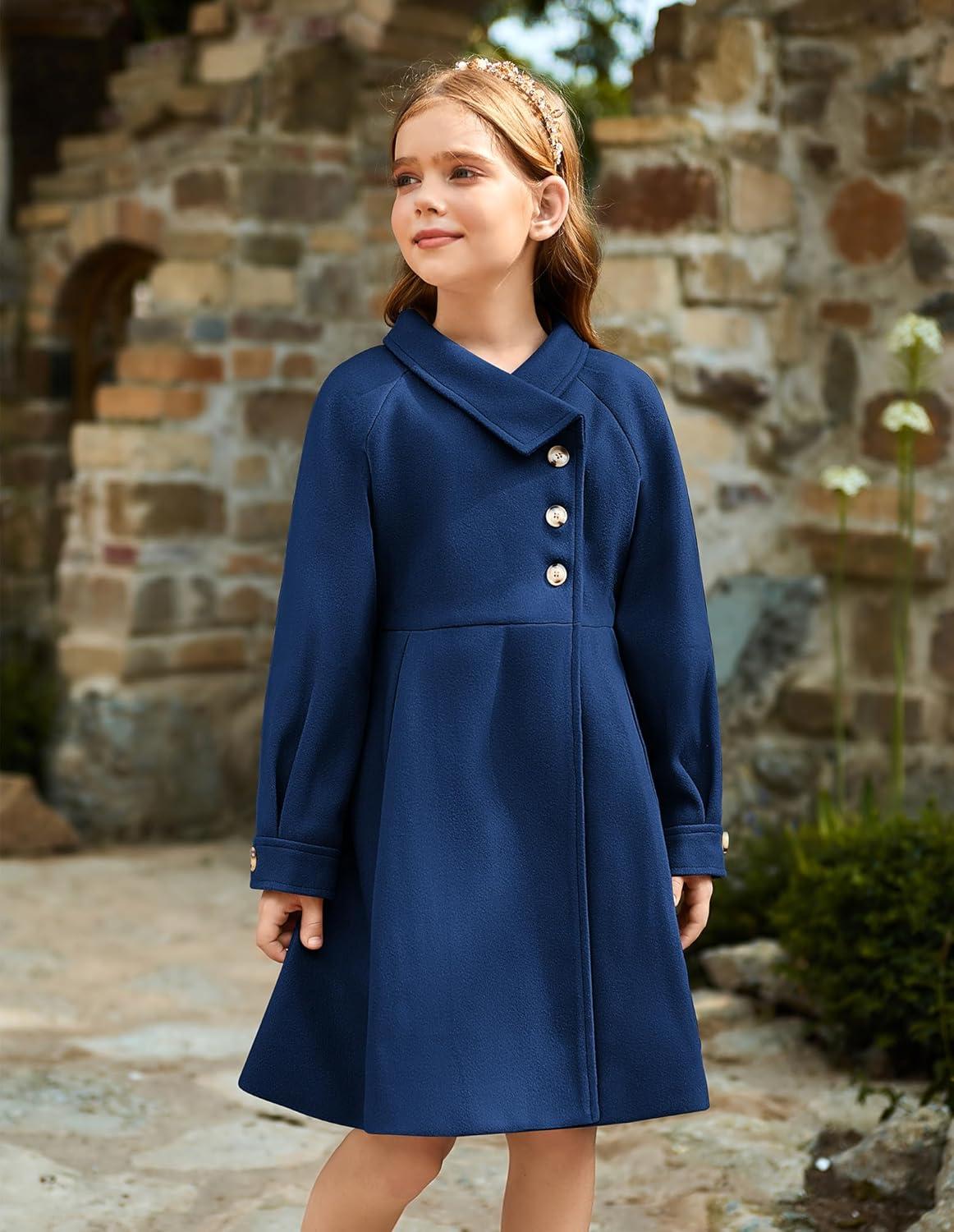 imageGRACE KARIN Girls Dress Coat Kids Wool Lapel Long Button Jackets Fall Winter Outerwear Peacoat with Pockets 512YNavy Blue