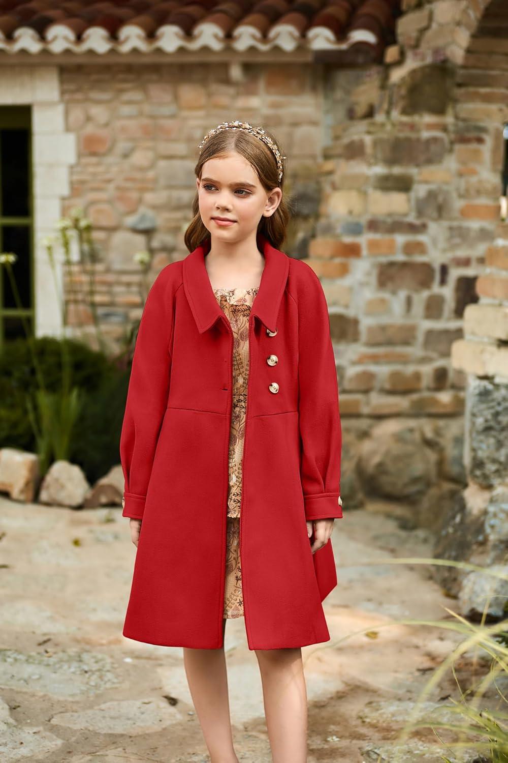 imageGRACE KARIN Girls Dress Coat Kids Wool Lapel Long Button Jackets Fall Winter Outerwear Peacoat with Pockets 512YRed