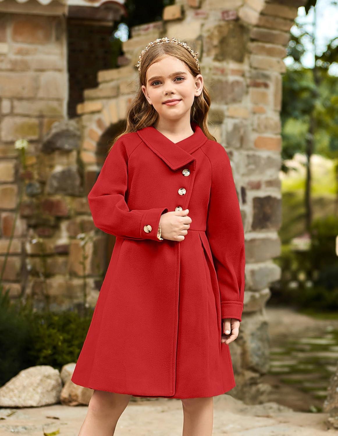 imageGRACE KARIN Girls Dress Coat Kids Wool Lapel Long Button Jackets Fall Winter Outerwear Peacoat with Pockets 512YRed