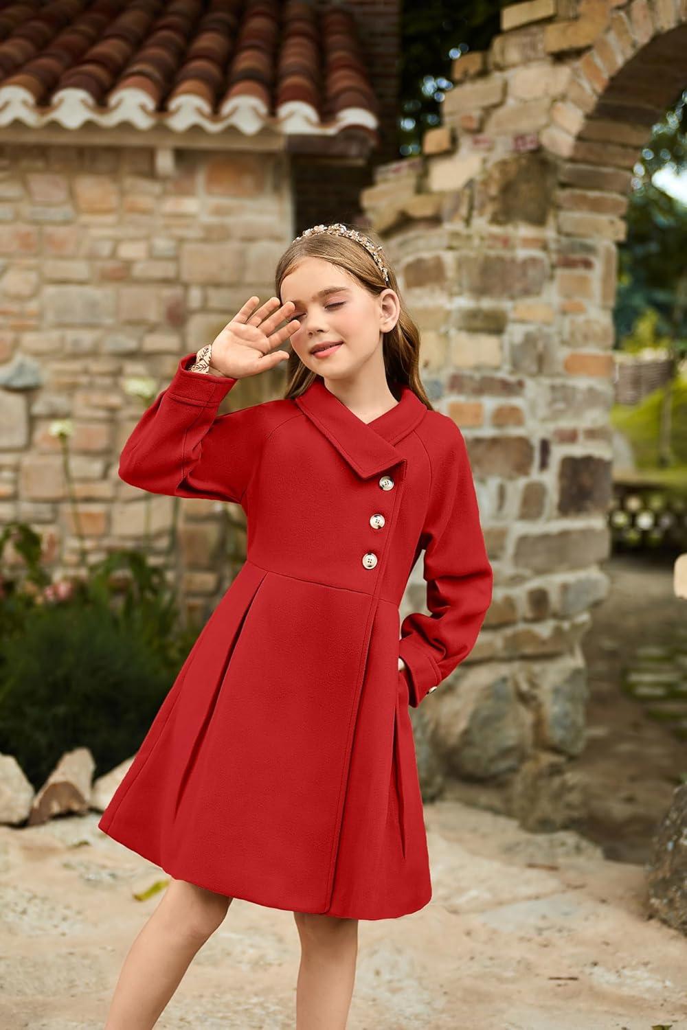 imageGRACE KARIN Girls Dress Coat Kids Wool Lapel Long Button Jackets Fall Winter Outerwear Peacoat with Pockets 512YRed