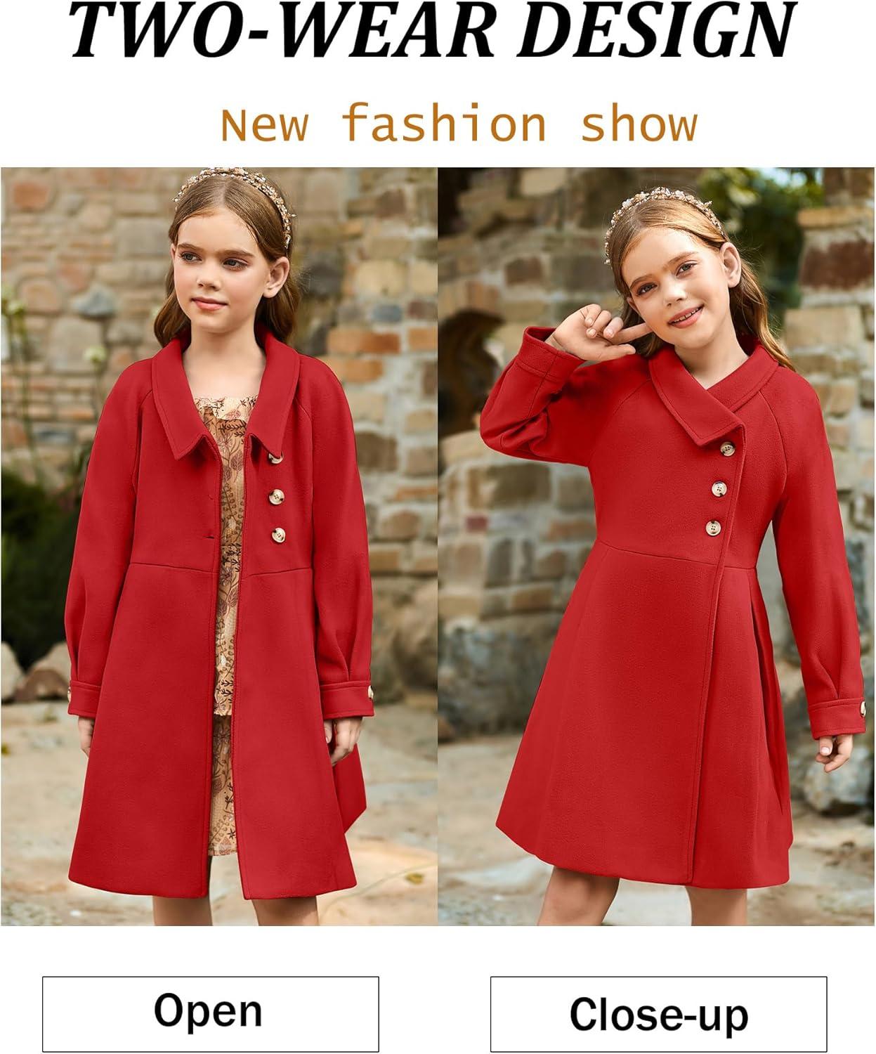 imageGRACE KARIN Girls Dress Coat Kids Wool Lapel Long Button Jackets Fall Winter Outerwear Peacoat with Pockets 512YRed