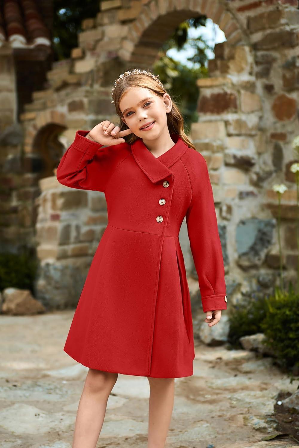 imageGRACE KARIN Girls Dress Coat Kids Wool Lapel Long Button Jackets Fall Winter Outerwear Peacoat with Pockets 512YRed