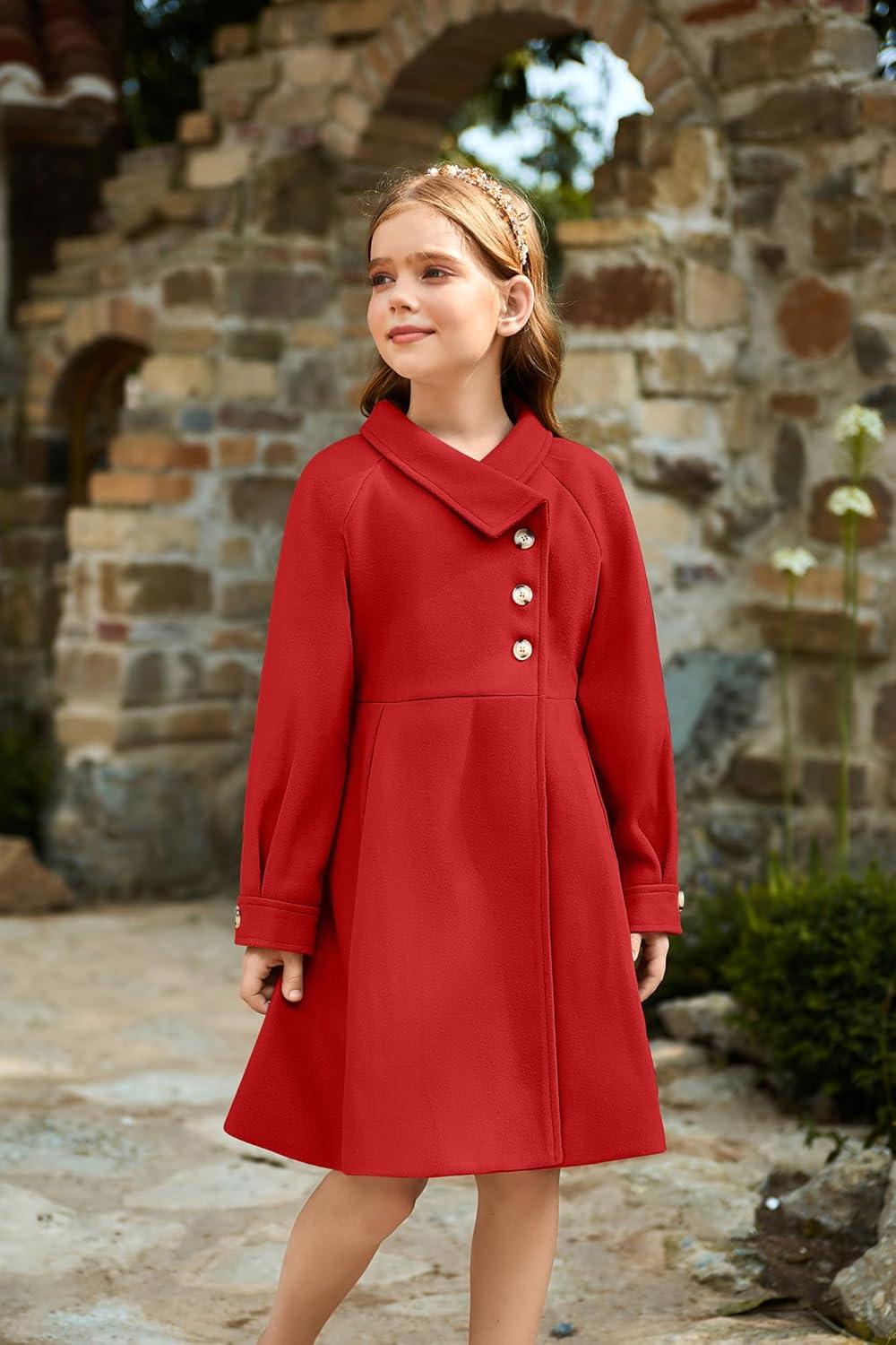 imageGRACE KARIN Girls Dress Coat Kids Wool Lapel Long Button Jackets Fall Winter Outerwear Peacoat with Pockets 512YRed