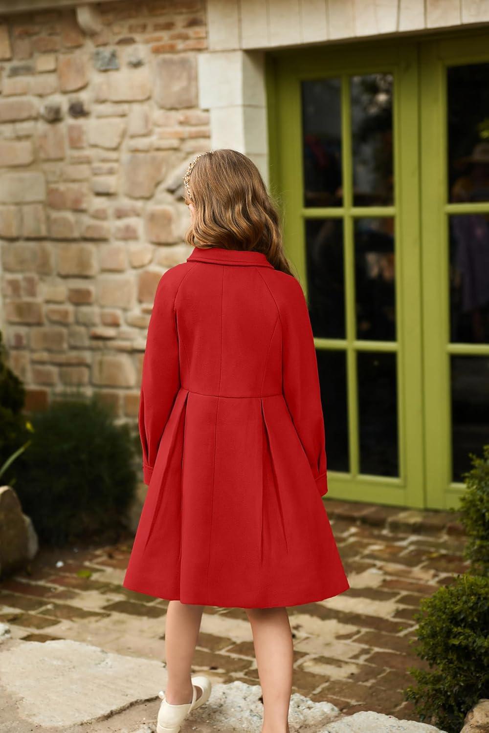 imageGRACE KARIN Girls Dress Coat Kids Wool Lapel Long Button Jackets Fall Winter Outerwear Peacoat with Pockets 512YRed