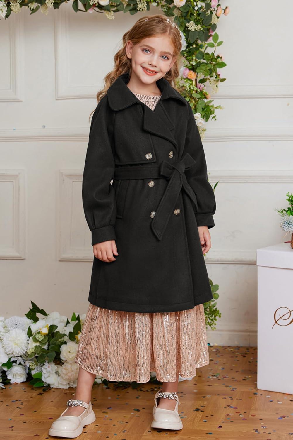 imageGRACE KARIN Girls Dress Coat Lapel Wool Blend Long Winter Jackets with Pockets Belt 614YBlack