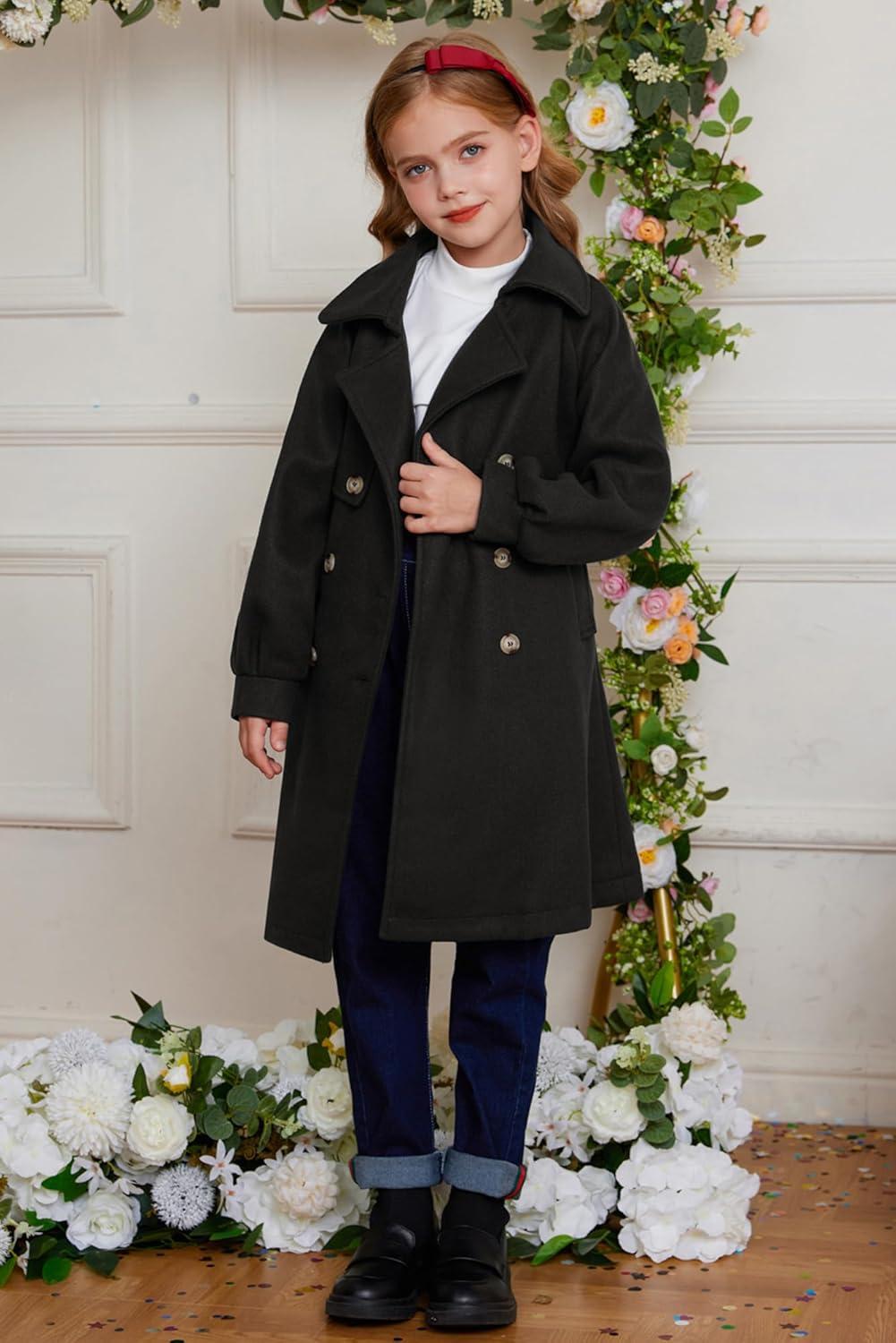 imageGRACE KARIN Girls Dress Coat Lapel Wool Blend Long Winter Jackets with Pockets Belt 614YBlack