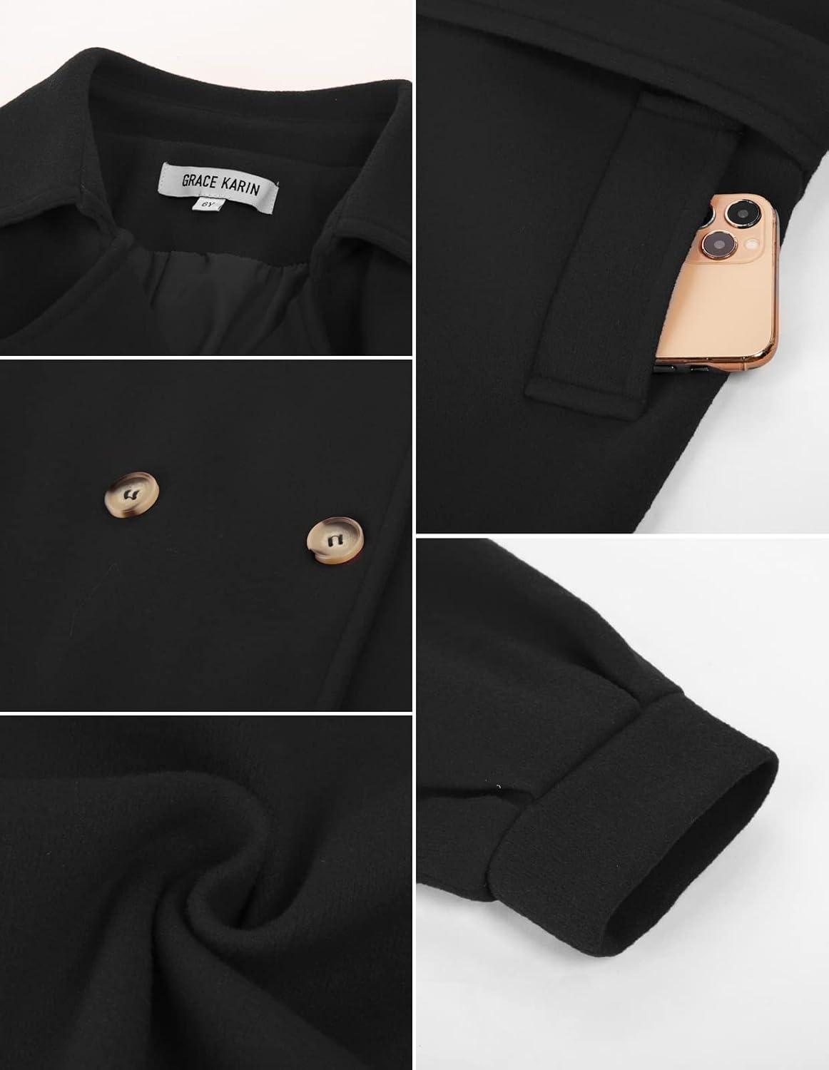 imageGRACE KARIN Girls Dress Coat Lapel Wool Blend Long Winter Jackets with Pockets Belt 614YBlack