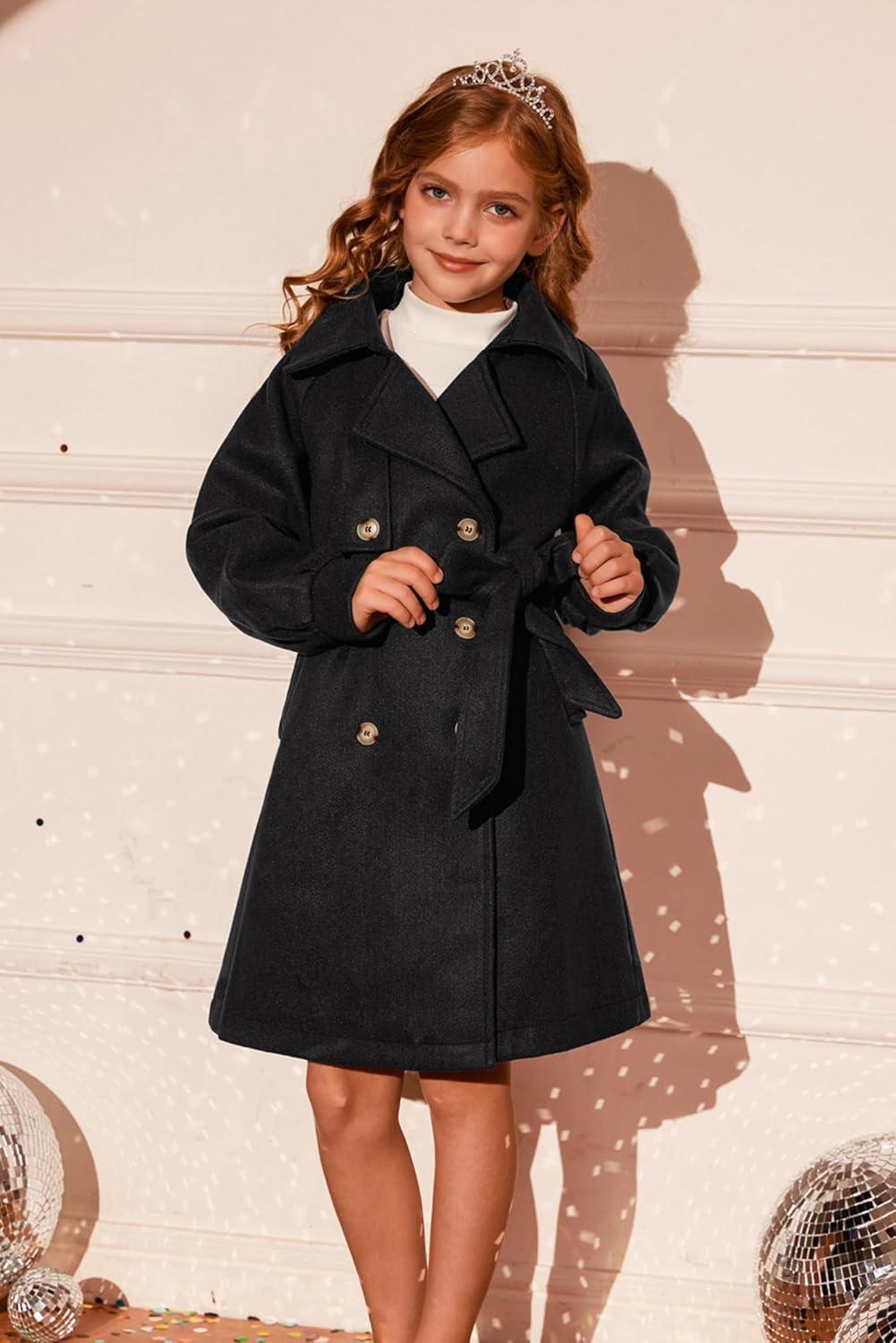 imageGRACE KARIN Girls Dress Coat Lapel Wool Blend Long Winter Jackets with Pockets Belt 614YBlack