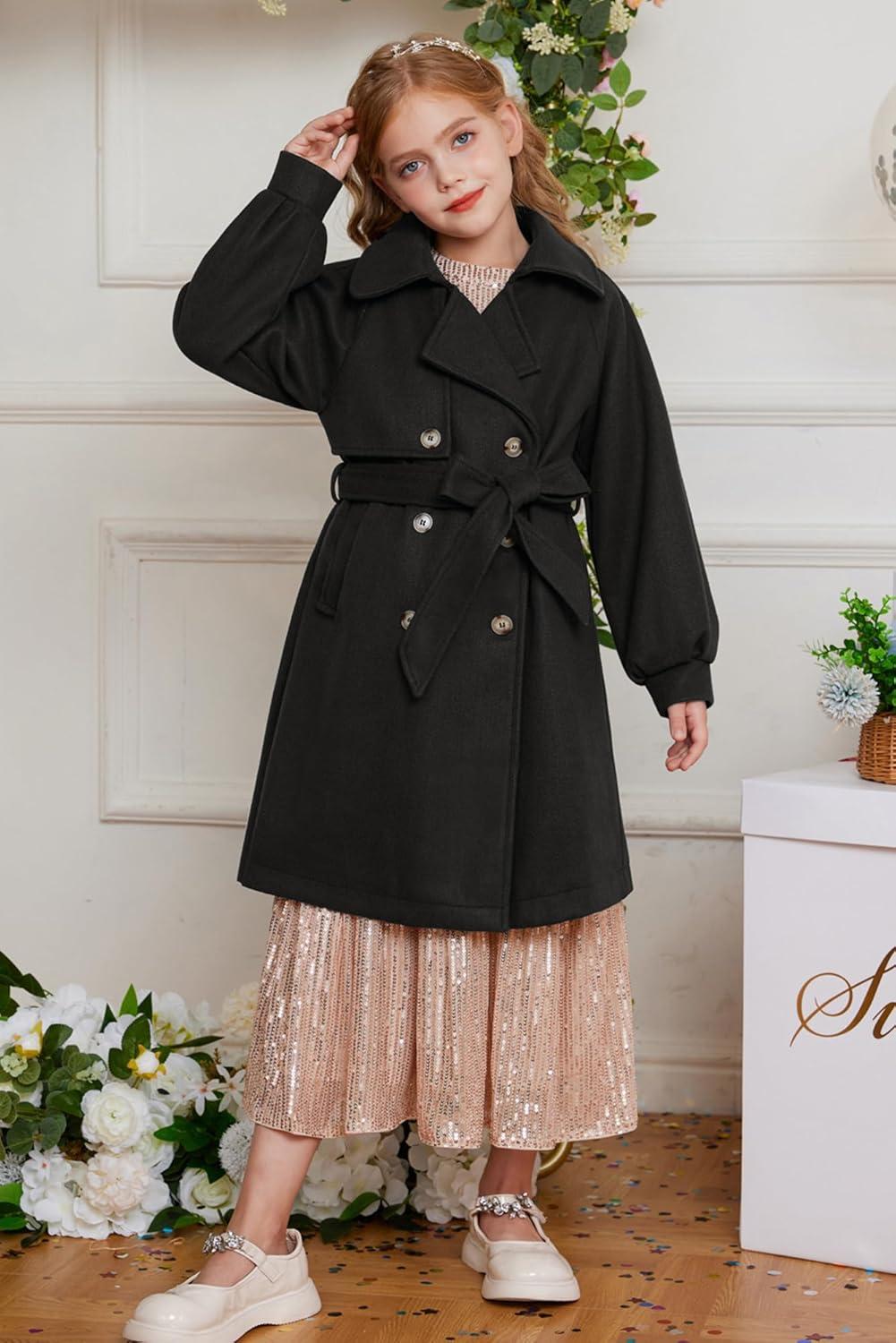 imageGRACE KARIN Girls Dress Coat Lapel Wool Blend Long Winter Jackets with Pockets Belt 614YBlack