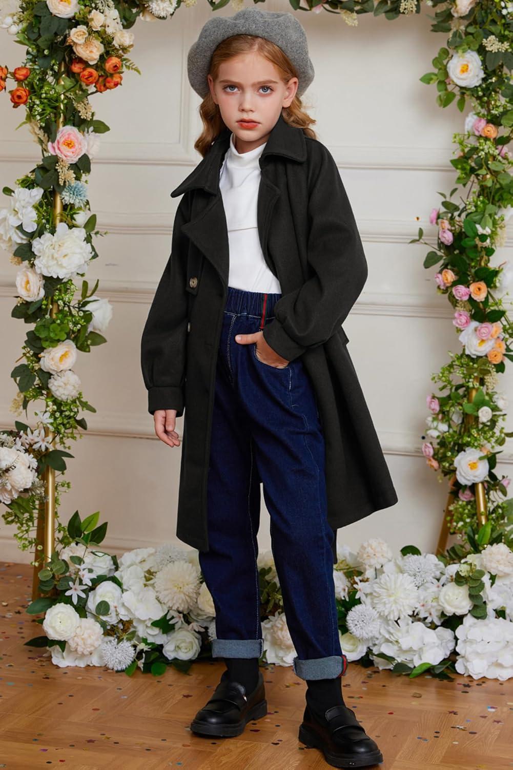 imageGRACE KARIN Girls Dress Coat Lapel Wool Blend Long Winter Jackets with Pockets Belt 614YBlack