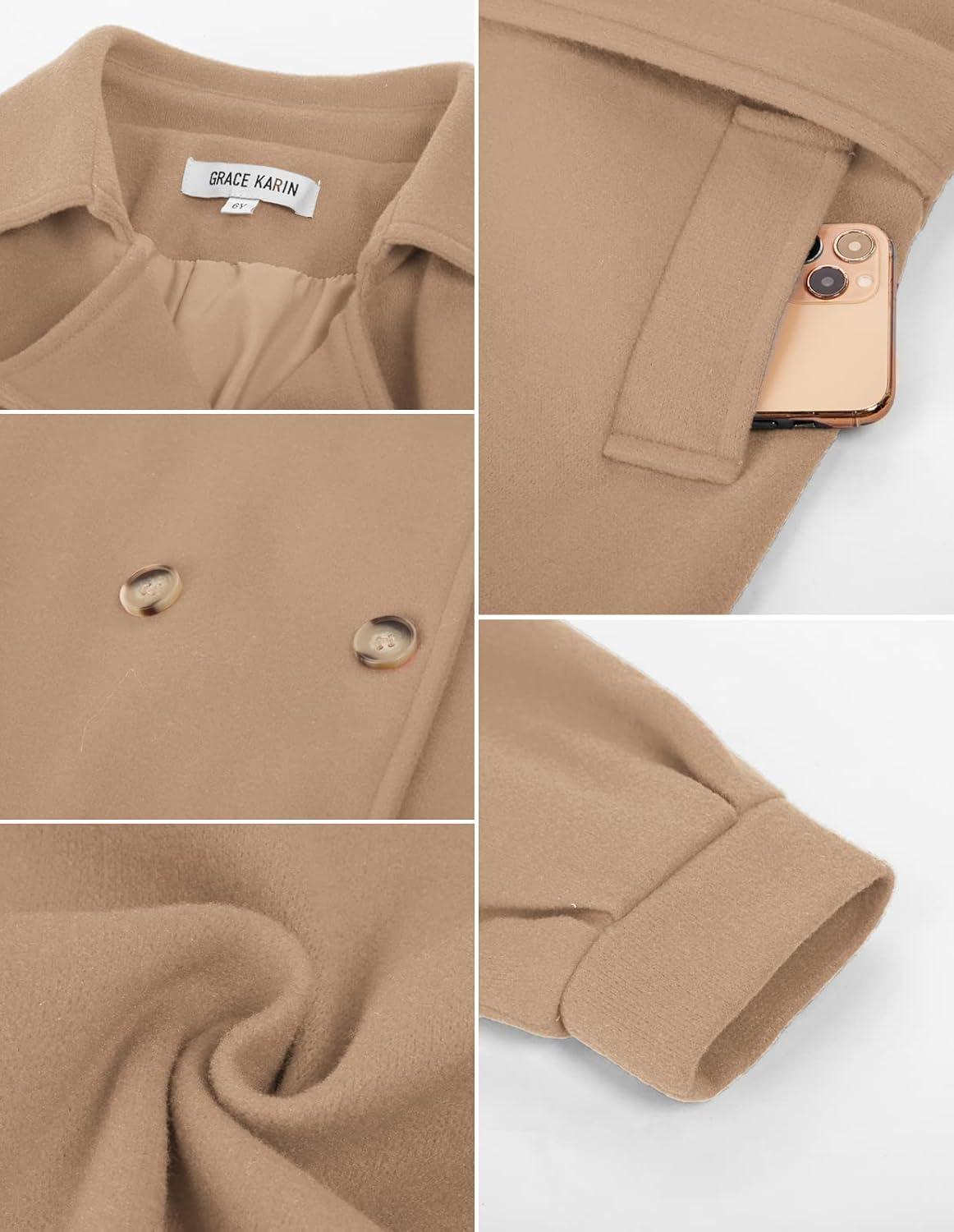 imageGRACE KARIN Girls Dress Coat Lapel Wool Blend Long Winter Jackets with Pockets Belt 614YCamel