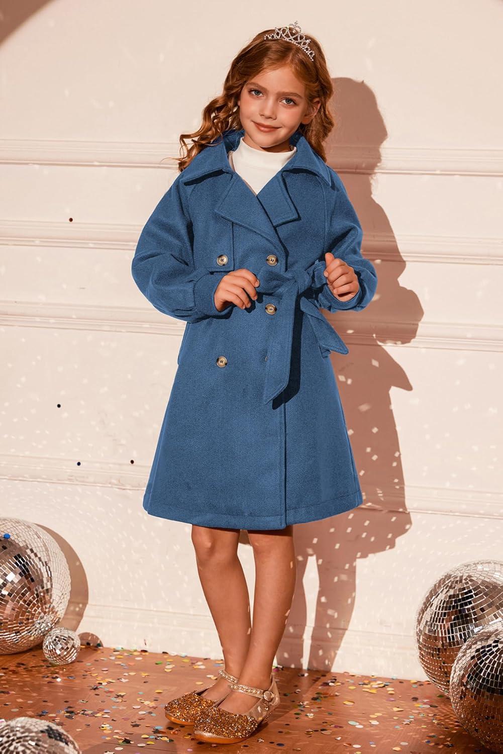 imageGRACE KARIN Girls Dress Coat Lapel Wool Blend Long Winter Jackets with Pockets Belt 614YDusty Blue