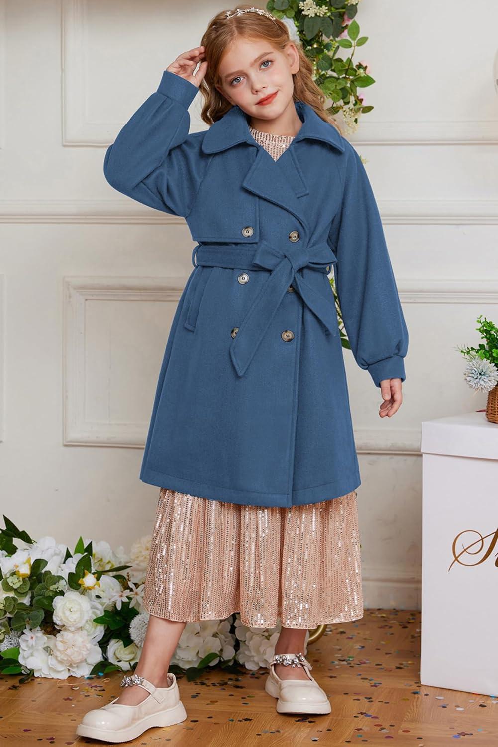imageGRACE KARIN Girls Dress Coat Lapel Wool Blend Long Winter Jackets with Pockets Belt 614YDusty Blue