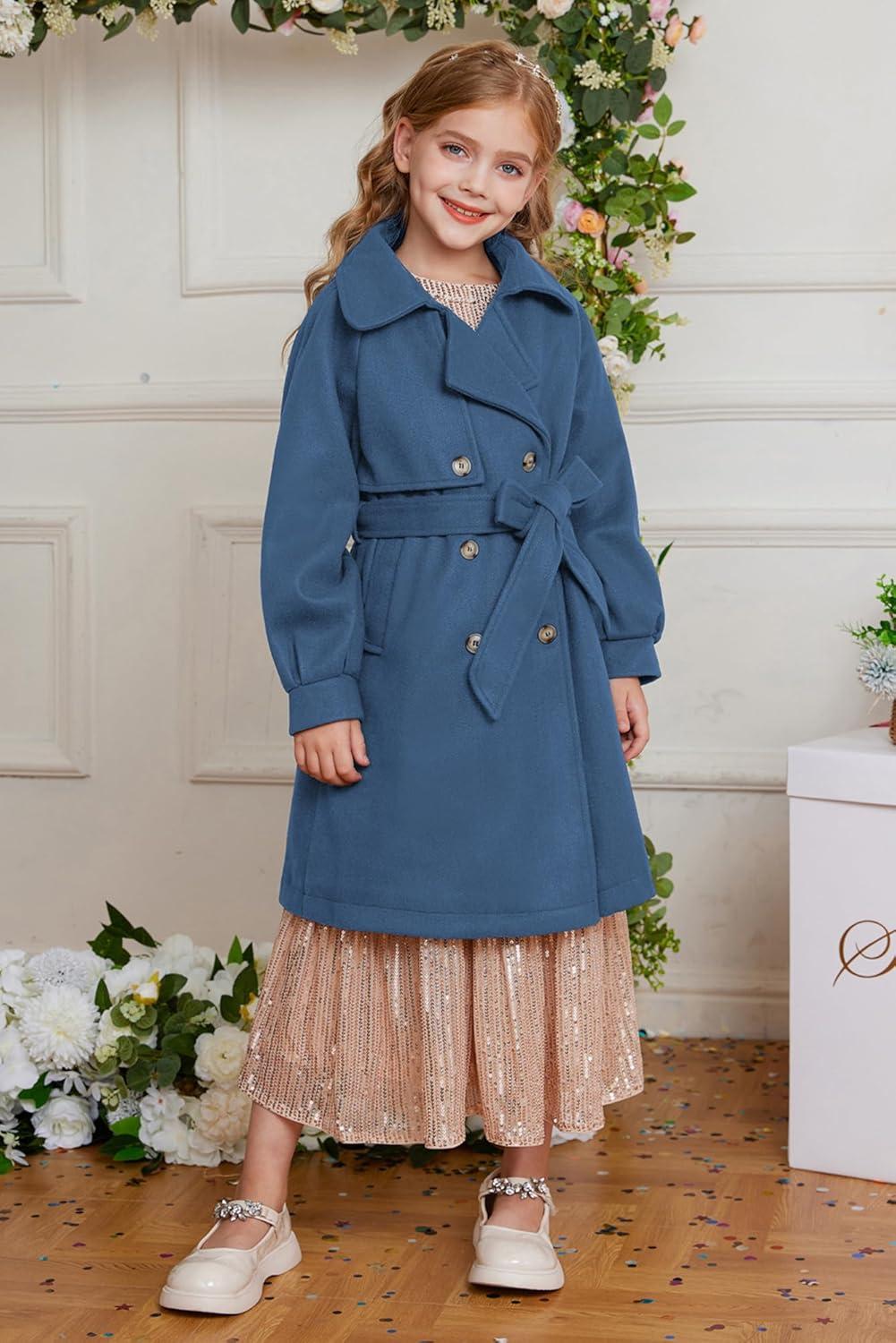 imageGRACE KARIN Girls Dress Coat Lapel Wool Blend Long Winter Jackets with Pockets Belt 614YDusty Blue