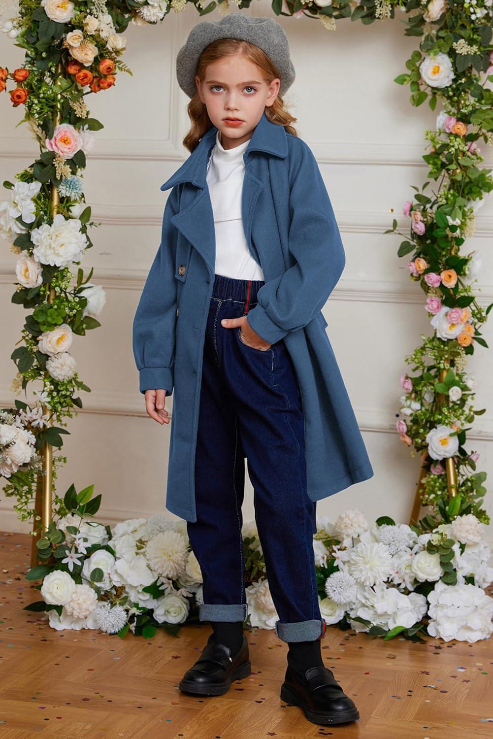 imageGRACE KARIN Girls Dress Coat Lapel Wool Blend Long Winter Jackets with Pockets Belt 614YDusty Blue