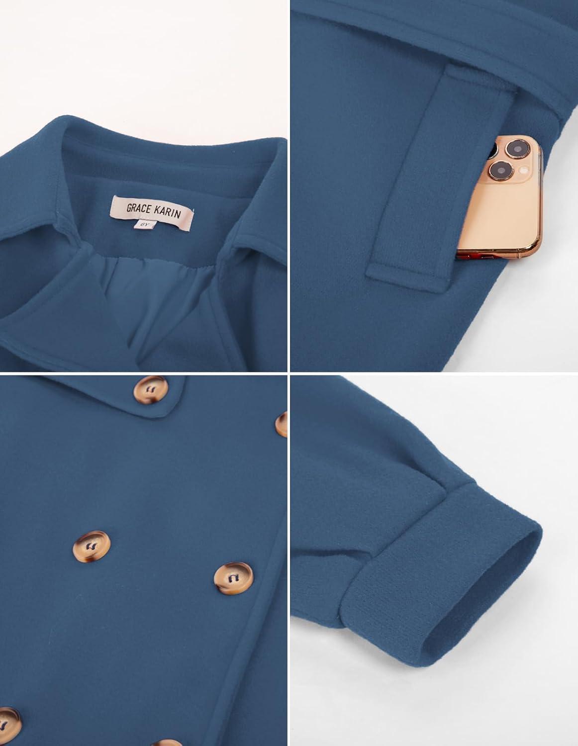 imageGRACE KARIN Girls Dress Coat Lapel Wool Blend Long Winter Jackets with Pockets Belt 614YDusty Blue