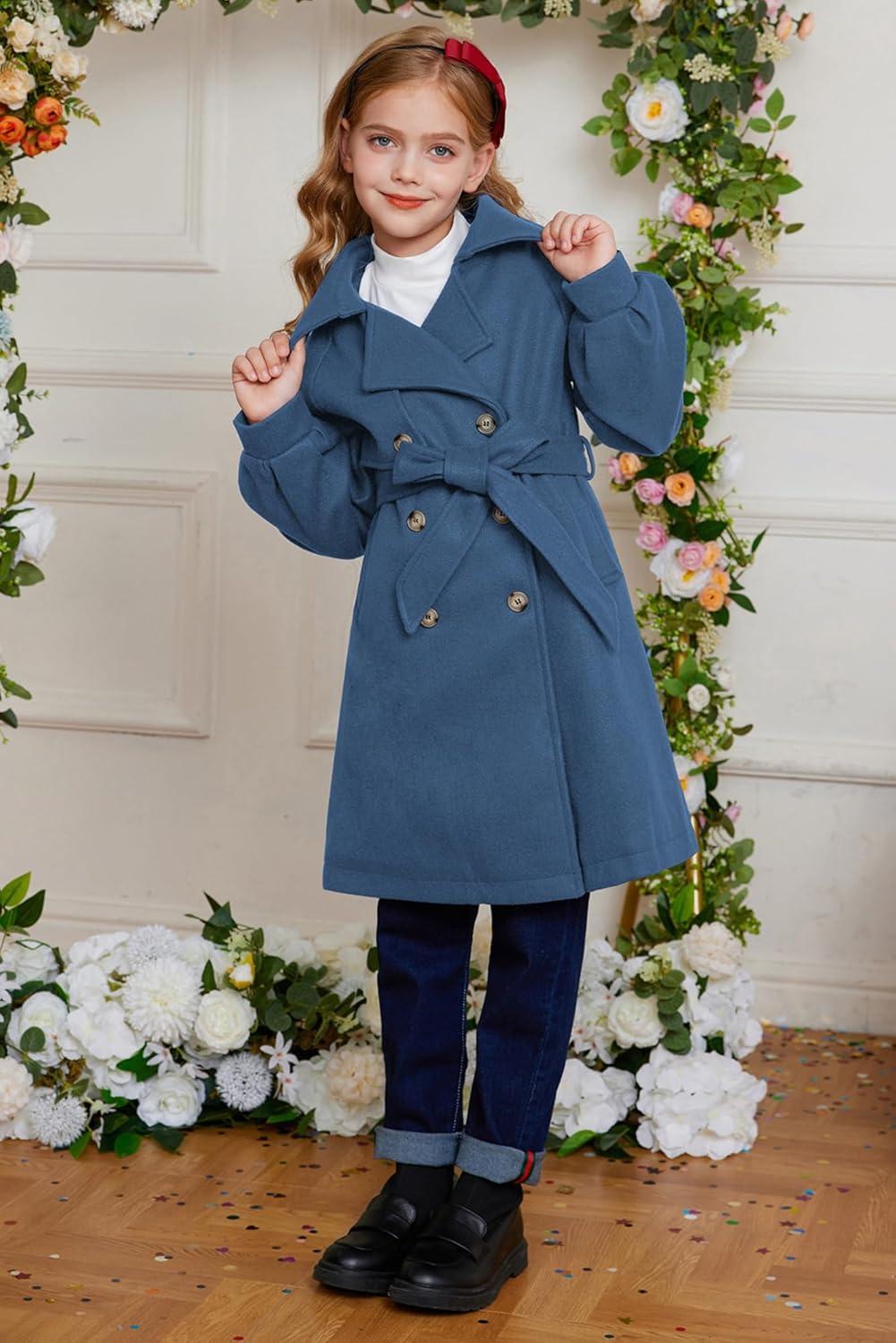 imageGRACE KARIN Girls Dress Coat Lapel Wool Blend Long Winter Jackets with Pockets Belt 614YDusty Blue