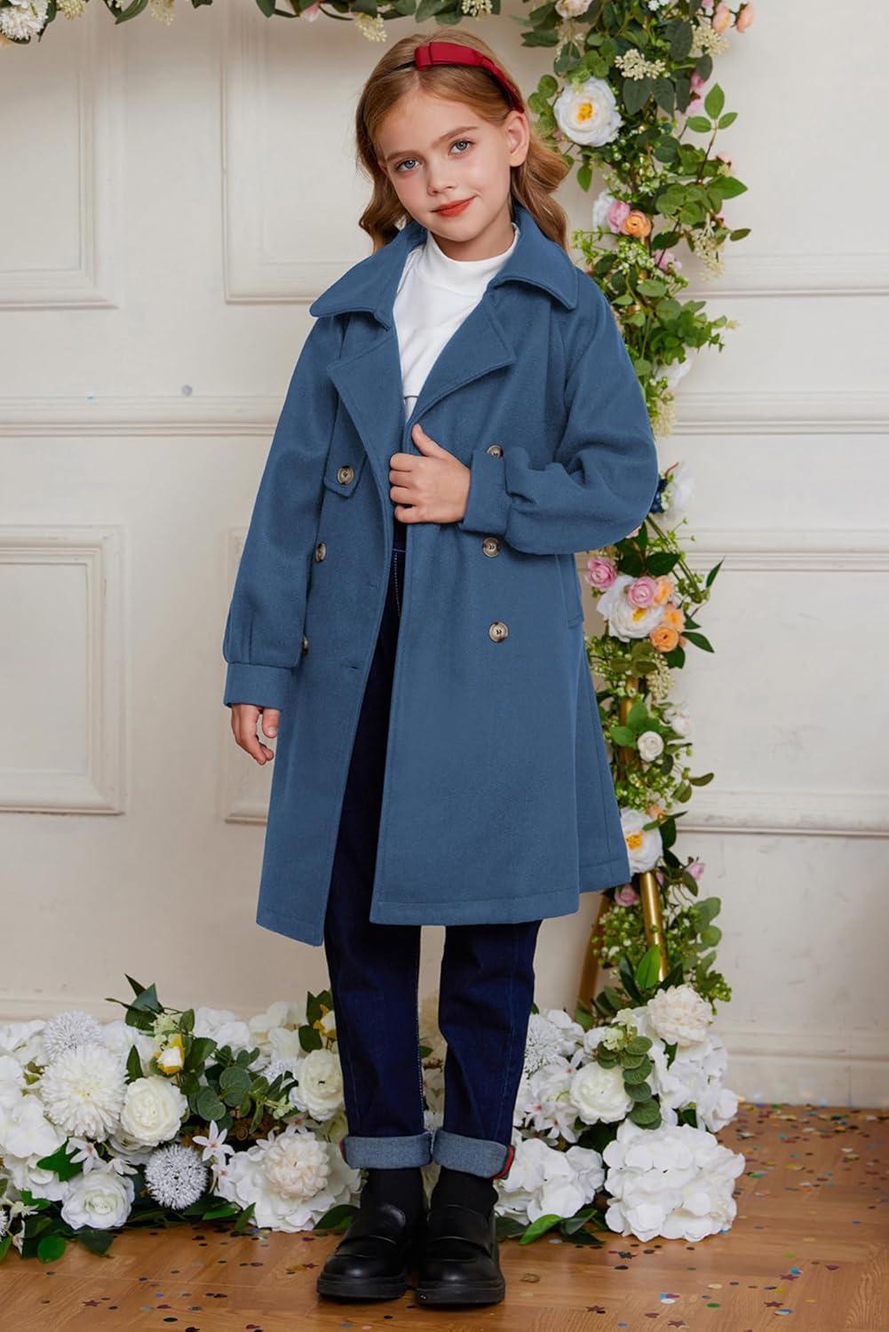 imageGRACE KARIN Girls Dress Coat Lapel Wool Blend Long Winter Jackets with Pockets Belt 614YDusty Blue