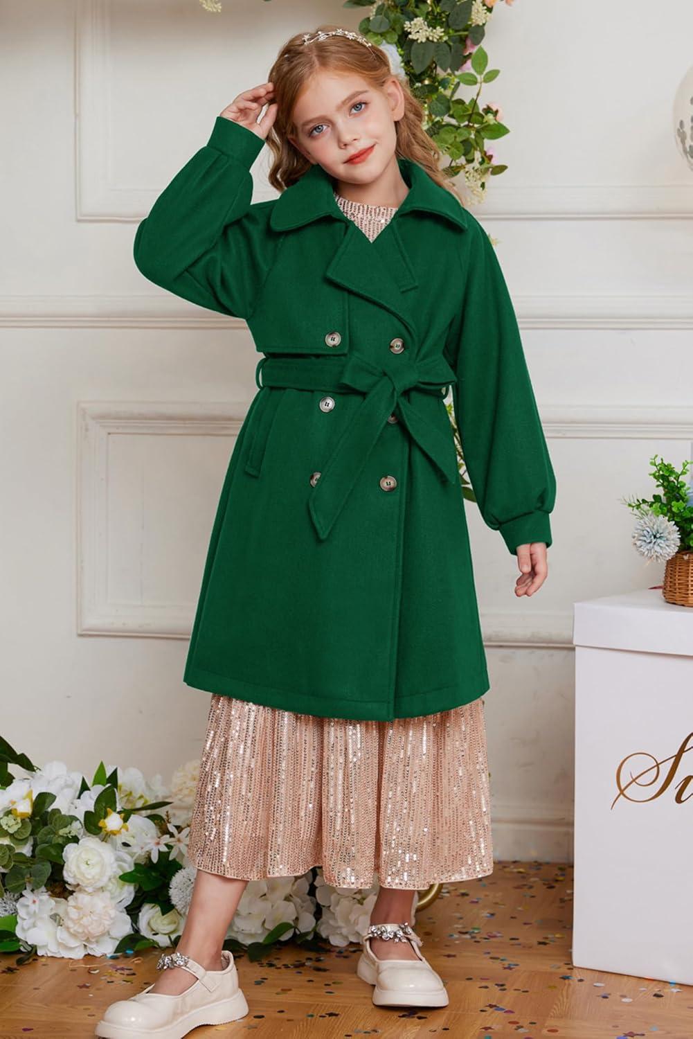 imageGRACE KARIN Girls Dress Coat Lapel Wool Blend Long Winter Jackets with Pockets Belt 614YGreen
