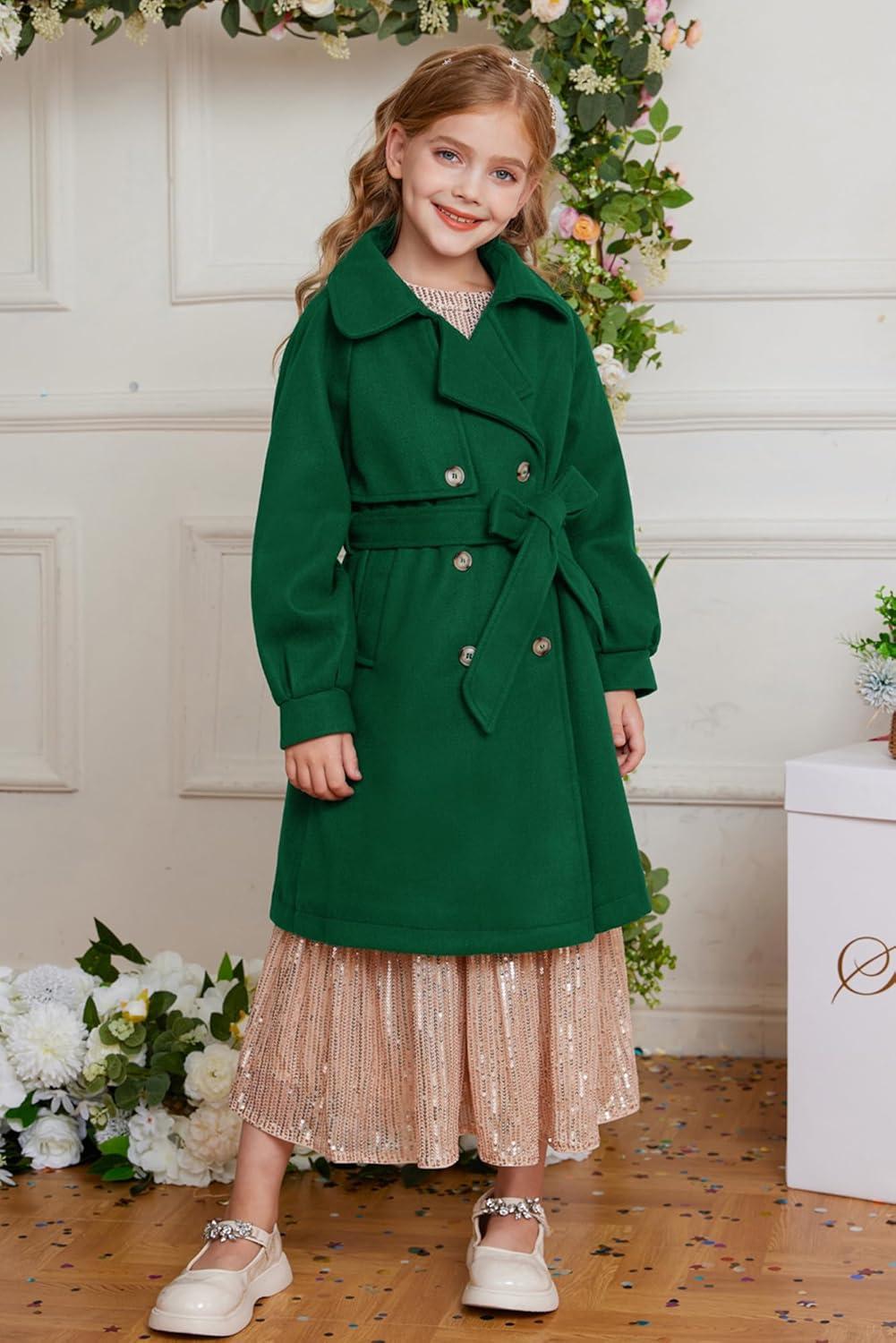 imageGRACE KARIN Girls Dress Coat Lapel Wool Blend Long Winter Jackets with Pockets Belt 614YGreen