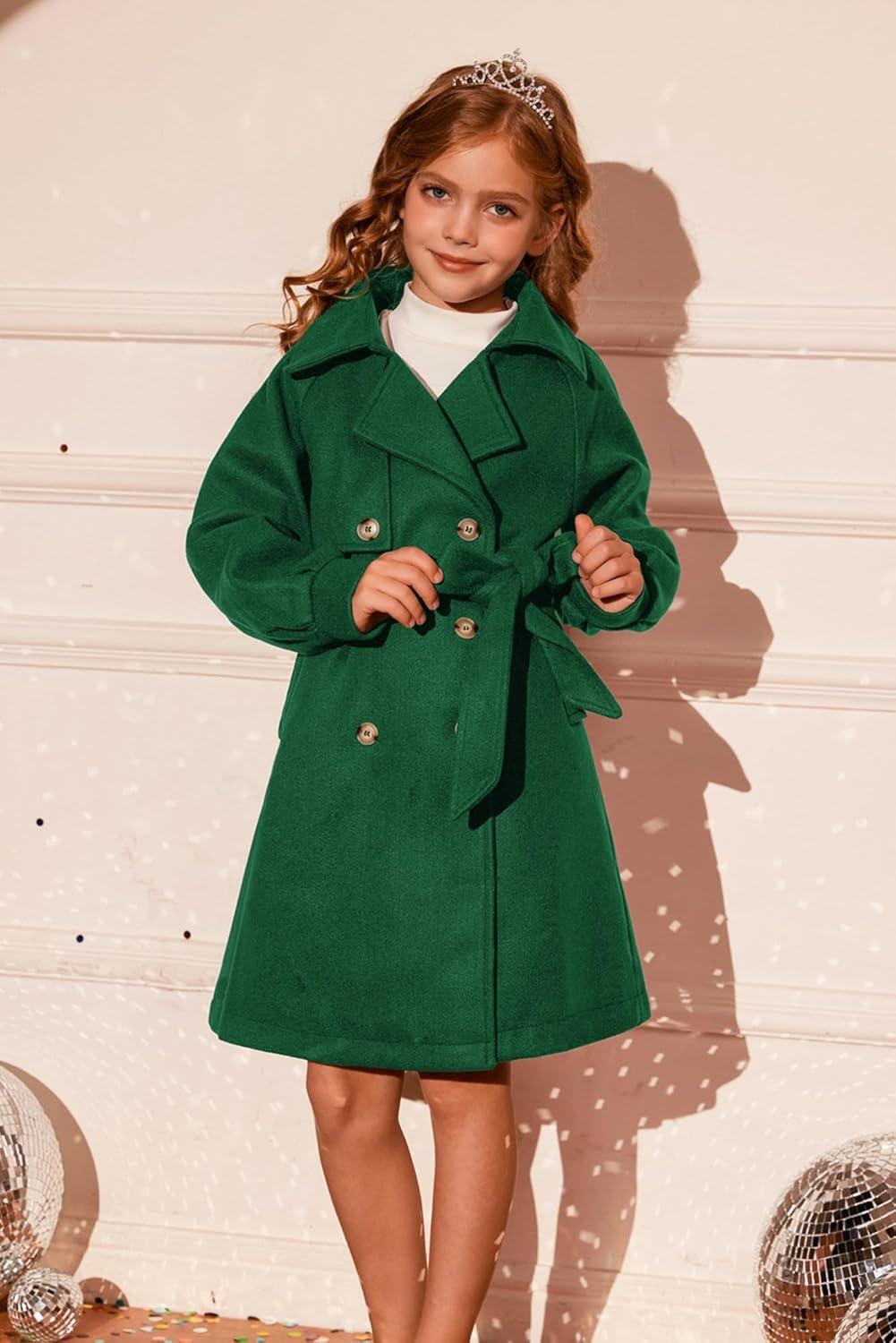 imageGRACE KARIN Girls Dress Coat Lapel Wool Blend Long Winter Jackets with Pockets Belt 614YGreen