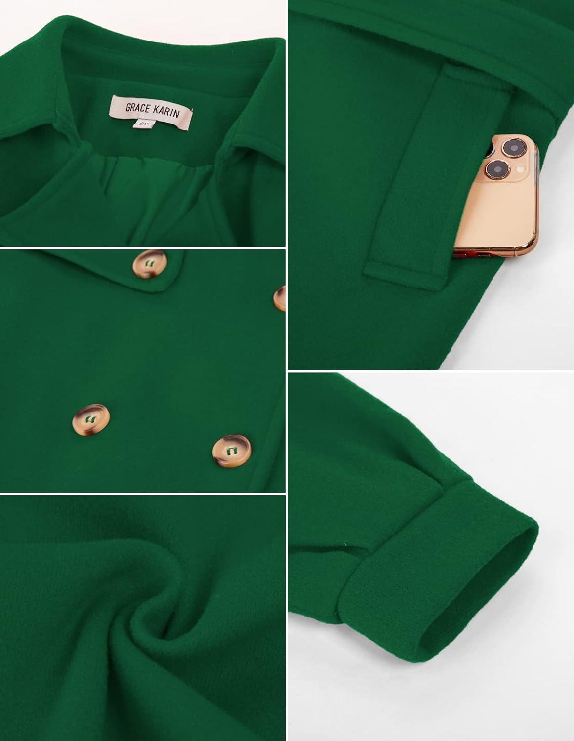 imageGRACE KARIN Girls Dress Coat Lapel Wool Blend Long Winter Jackets with Pockets Belt 614YGreen