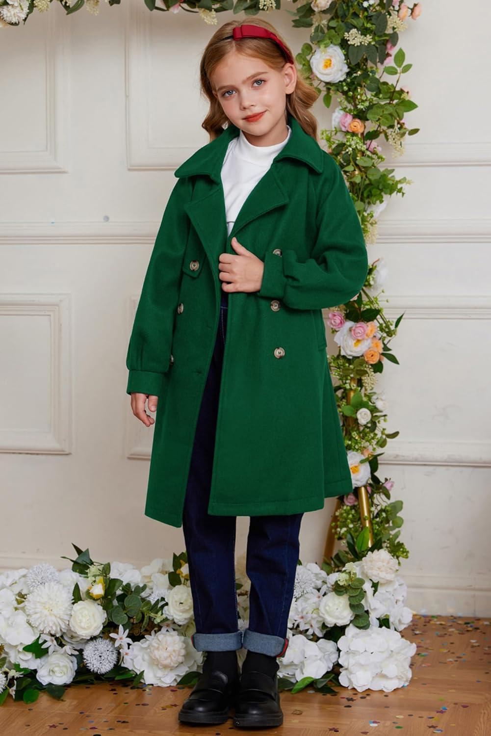 imageGRACE KARIN Girls Dress Coat Lapel Wool Blend Long Winter Jackets with Pockets Belt 614YGreen