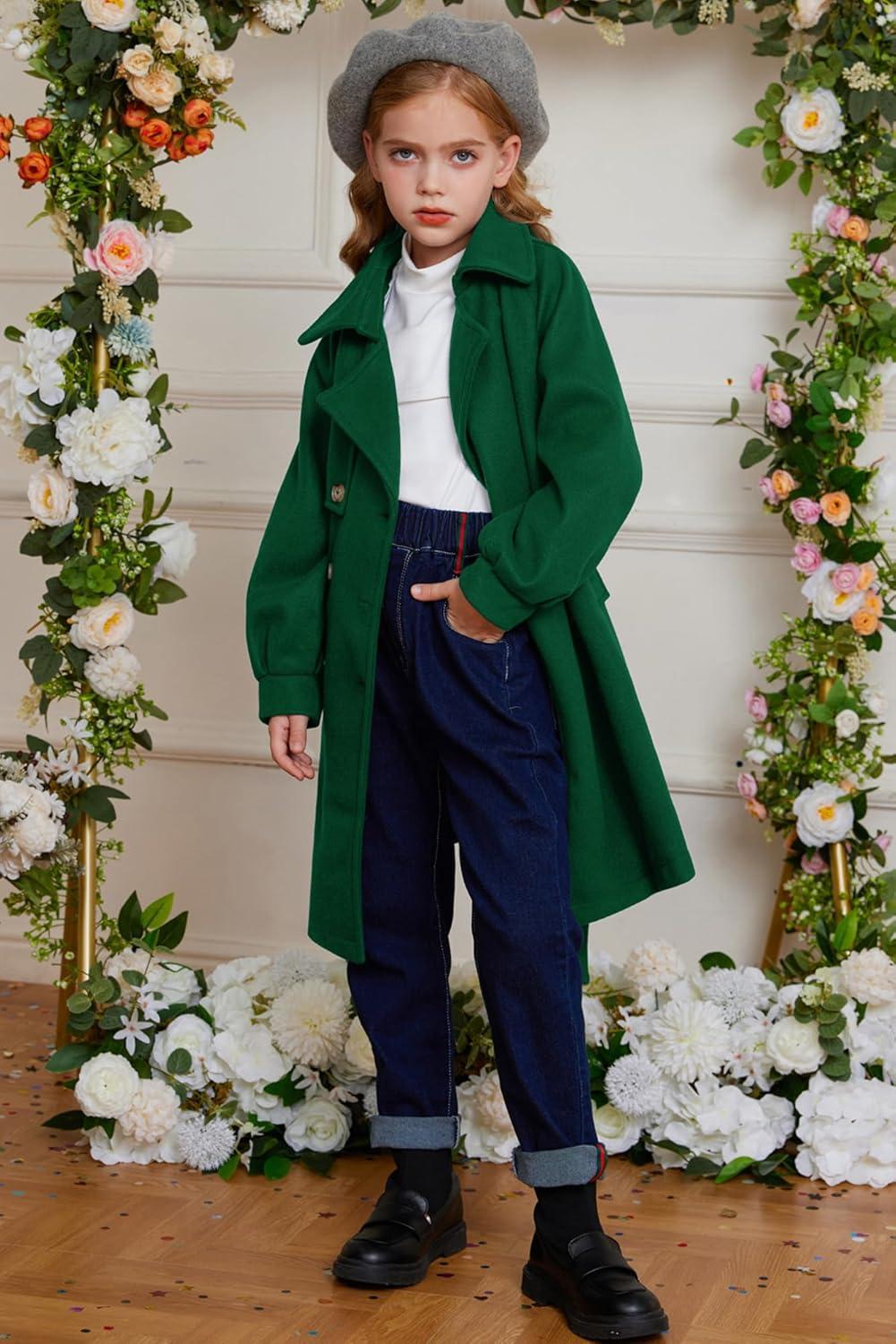 imageGRACE KARIN Girls Dress Coat Lapel Wool Blend Long Winter Jackets with Pockets Belt 614YGreen