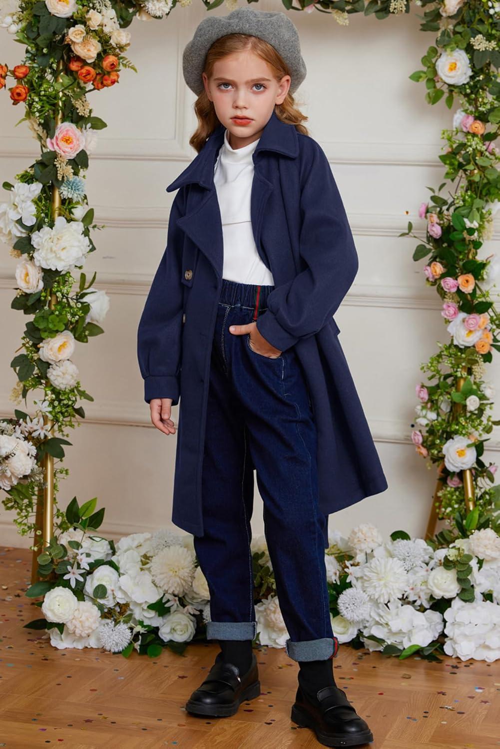 imageGRACE KARIN Girls Dress Coat Lapel Wool Blend Long Winter Jackets with Pockets Belt 614YNavy Blue