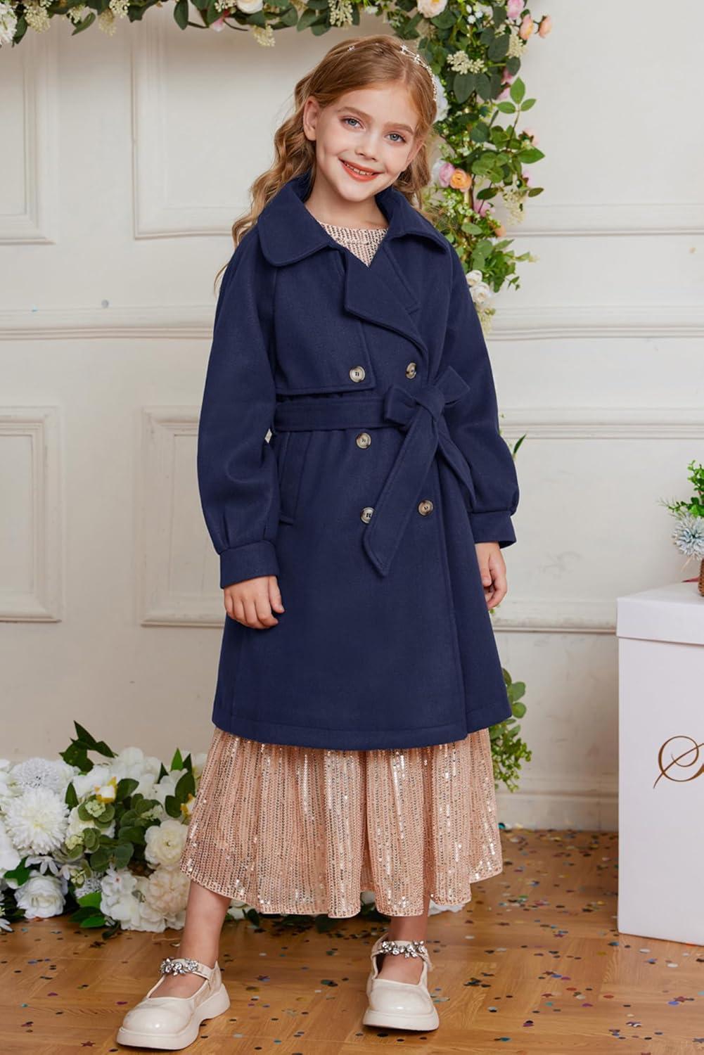 imageGRACE KARIN Girls Dress Coat Lapel Wool Blend Long Winter Jackets with Pockets Belt 614YNavy Blue