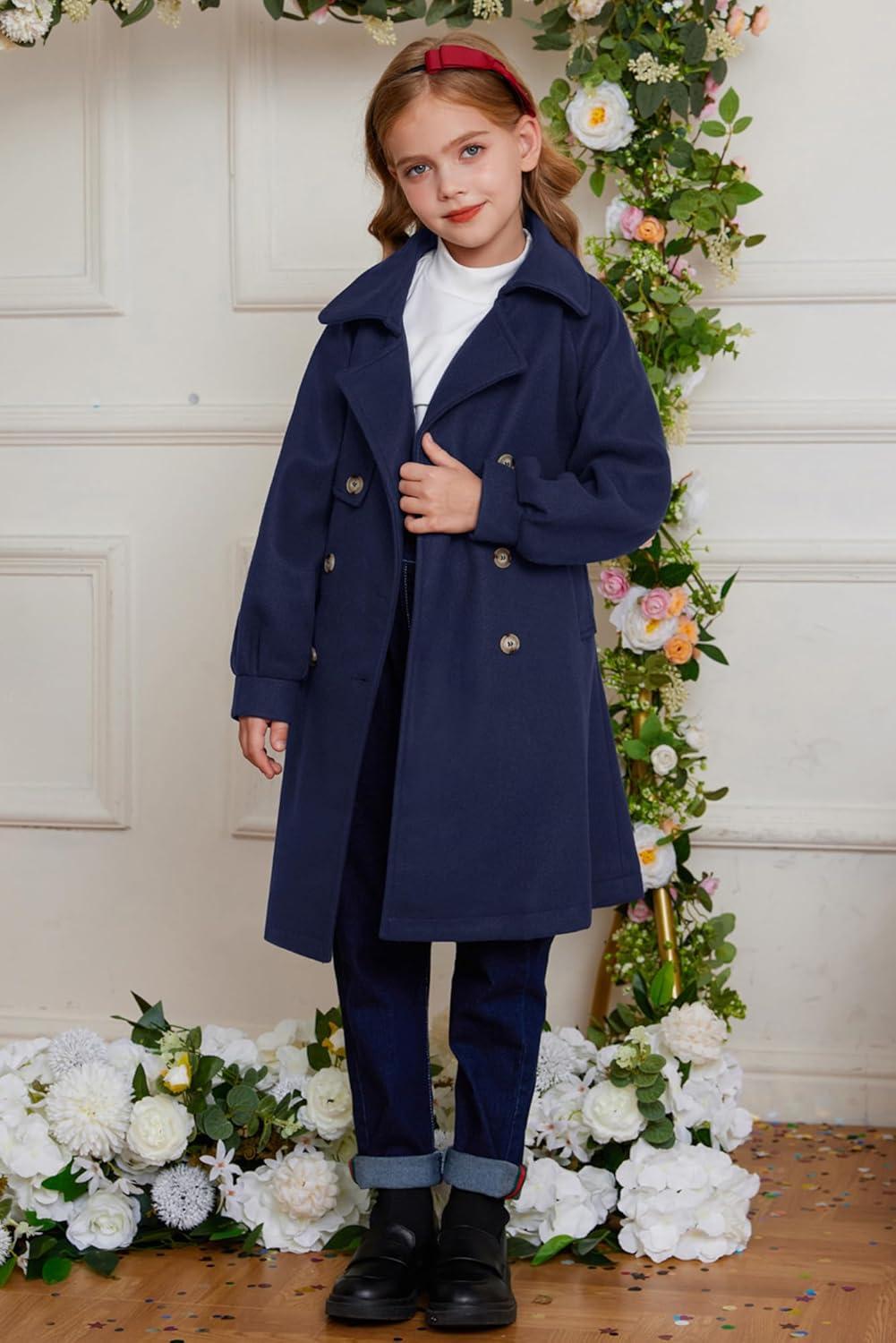 imageGRACE KARIN Girls Dress Coat Lapel Wool Blend Long Winter Jackets with Pockets Belt 614YNavy Blue