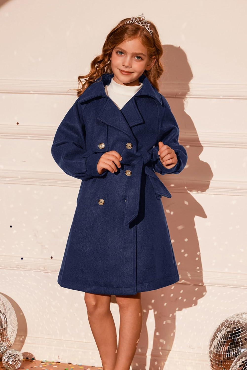 imageGRACE KARIN Girls Dress Coat Lapel Wool Blend Long Winter Jackets with Pockets Belt 614YNavy Blue