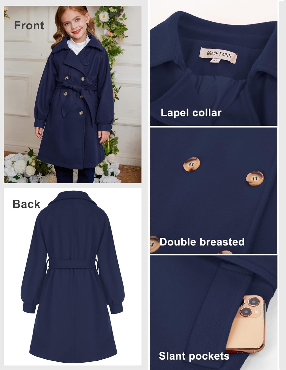 imageGRACE KARIN Girls Dress Coat Lapel Wool Blend Long Winter Jackets with Pockets Belt 614YNavy Blue